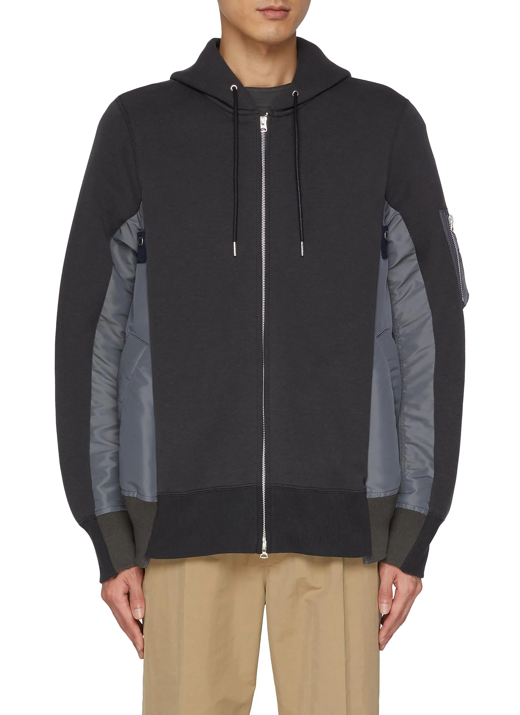 -----------SACAI  ---- ------------GREY ----Sponge Sweat Nylon Insert Zip Up Hoodie --