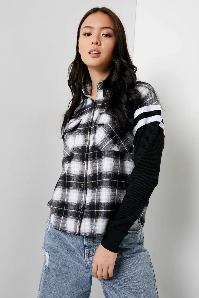 Ardene Ardene Plaid Shirt with Thermal Sleeves in | Size | 100% Cotton/Polyester