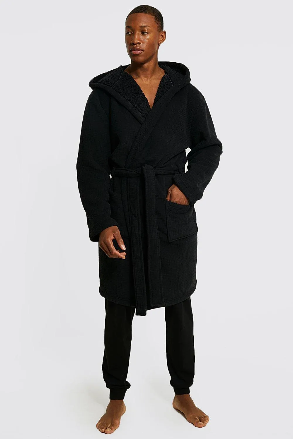 Bonded Waffle and Fleece Dressing Gown | boohooMAN UK