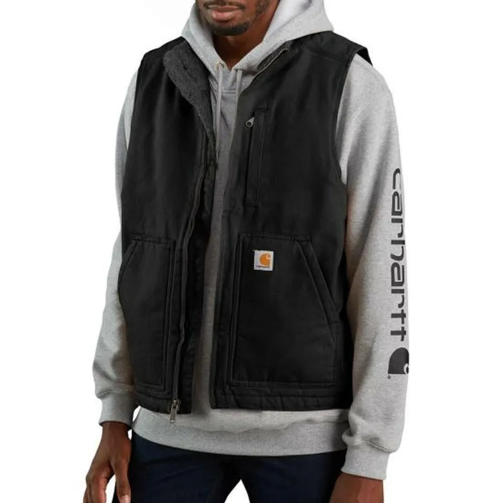 Carhartt Mens Washed Duck Sherpa Lined Mock Vest | Black