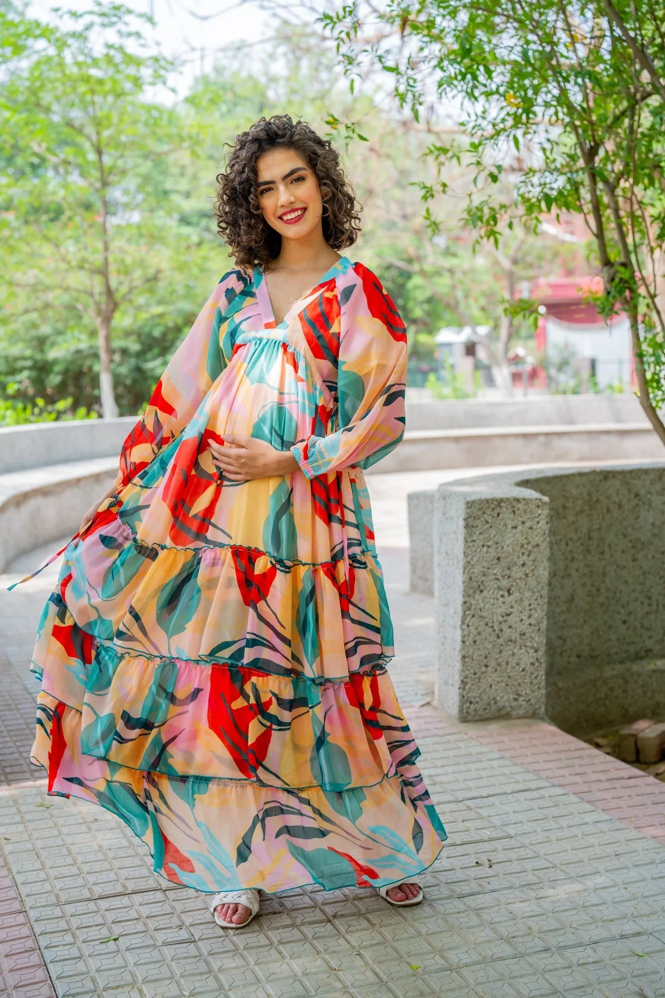 Cheery Retro Peach Leafy Maternity Layered Dress