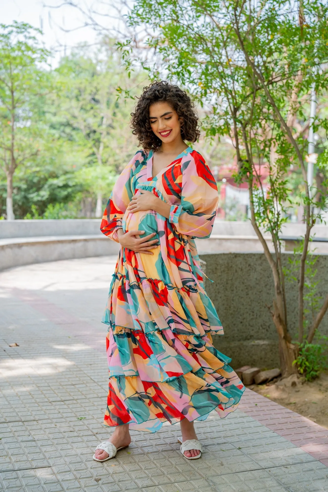 Cheery Retro Peach Leafy Maternity Layered Dress