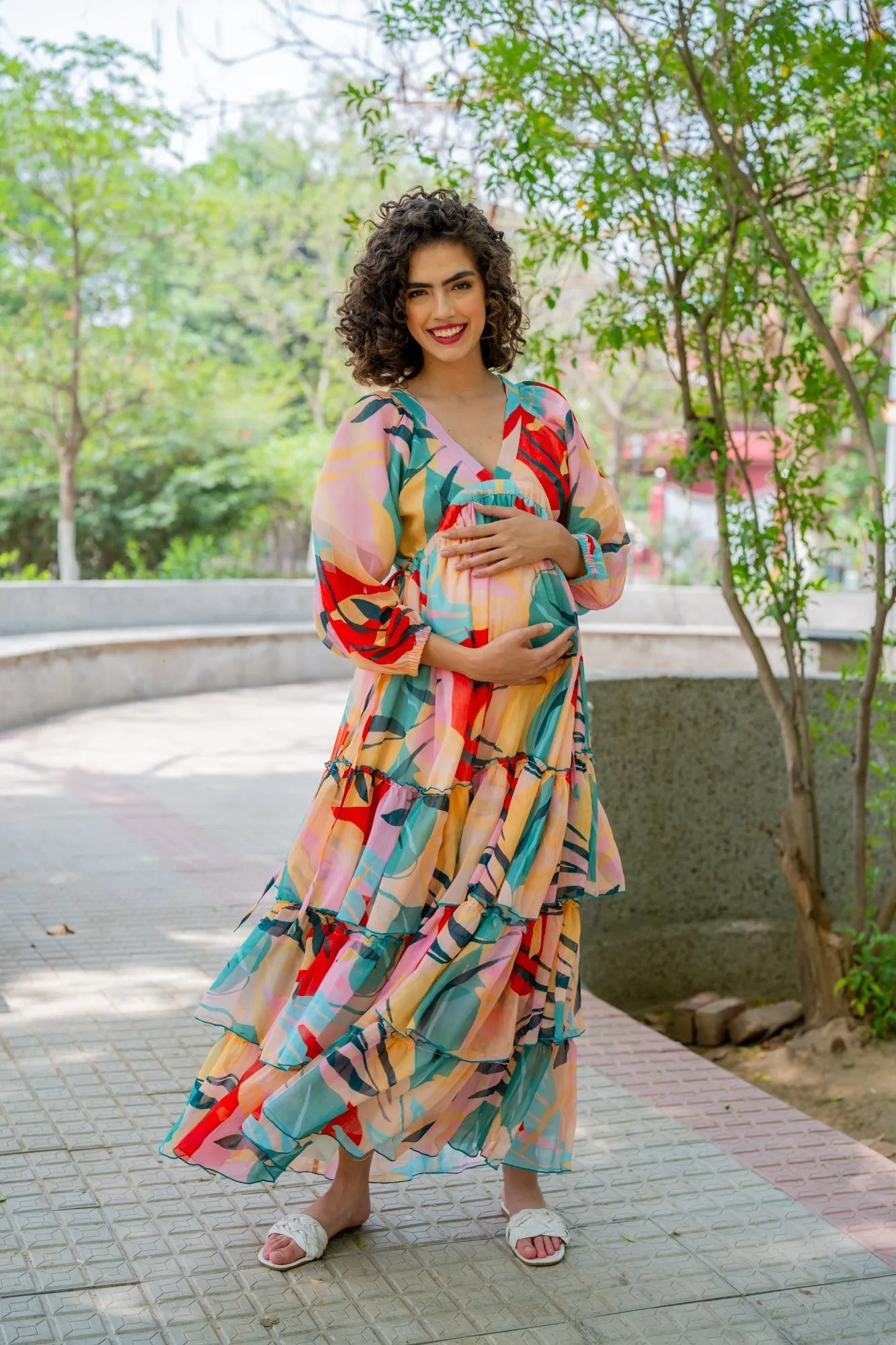 Cheery Retro Peach Leafy Maternity Layered Dress