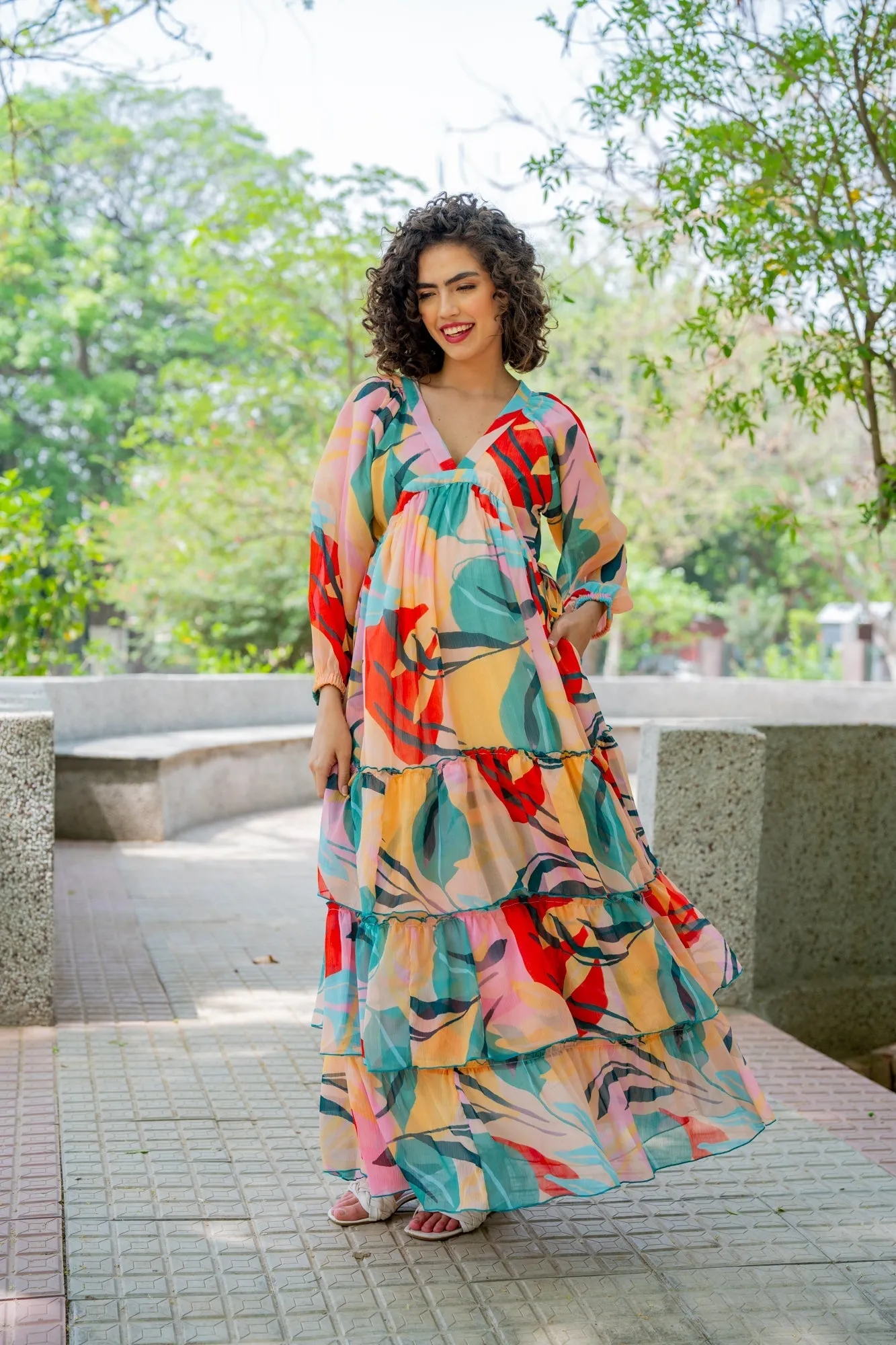 Cheery Retro Peach Leafy Maternity Layered Dress