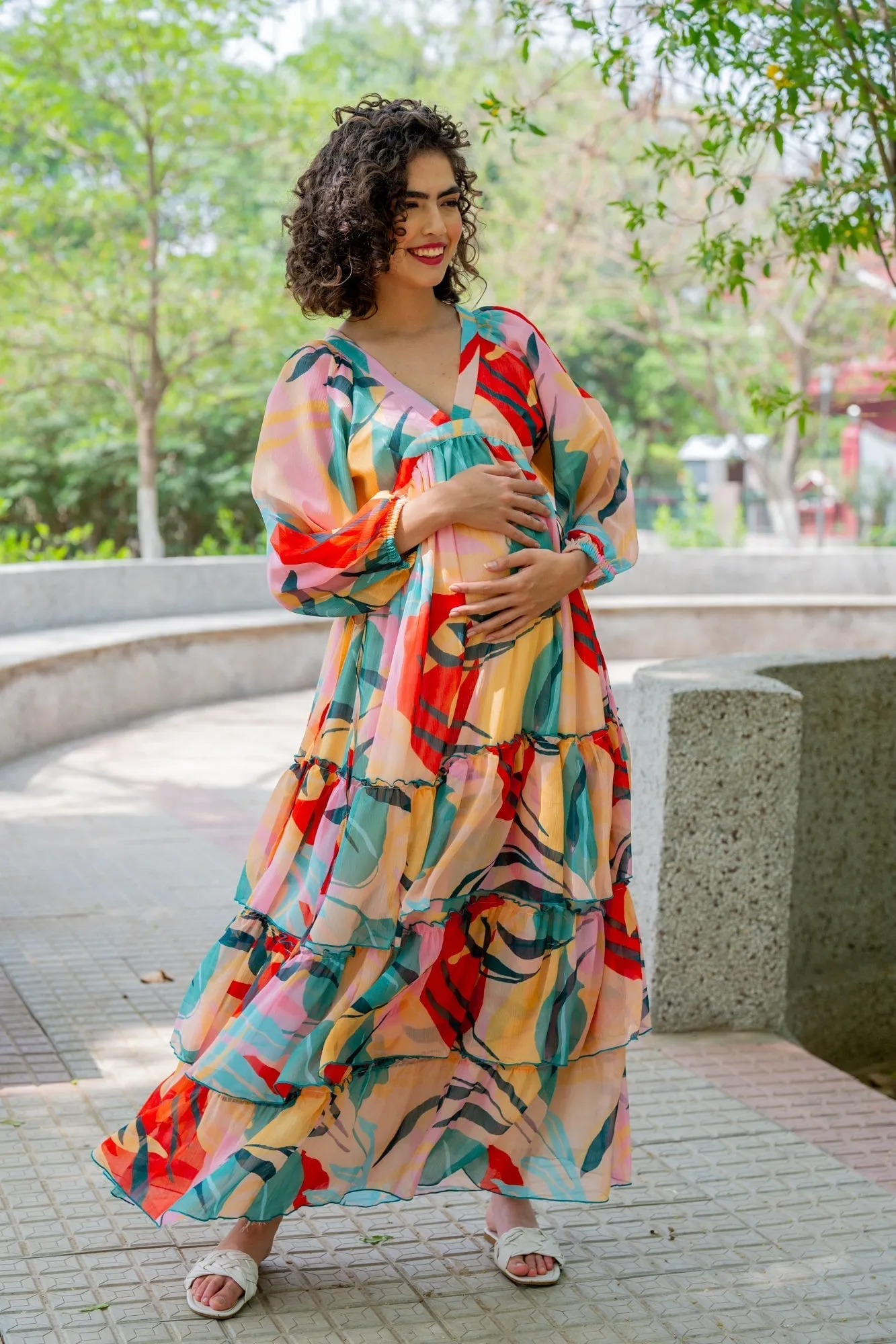 Cheery Retro Peach Leafy Maternity Layered Dress