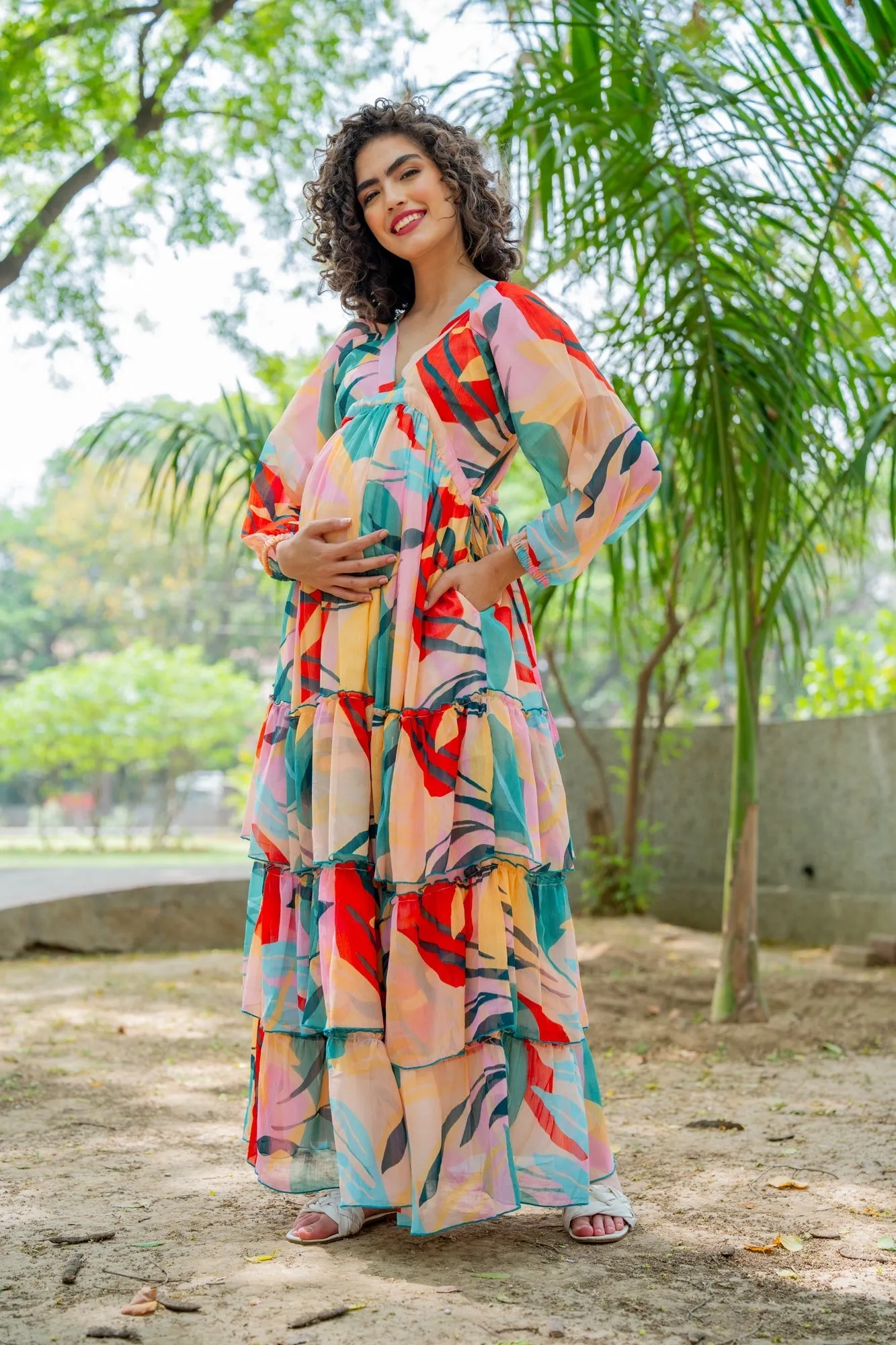 Cheery Retro Peach Leafy Maternity Layered Dress