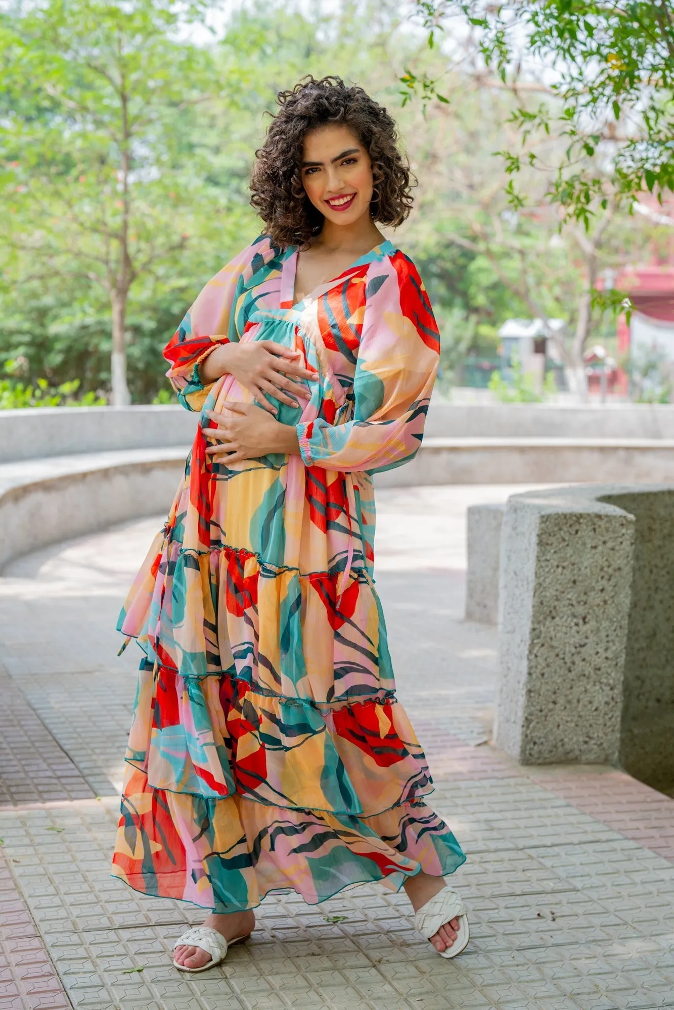 Cheery Retro Peach Leafy Maternity Layered Dress