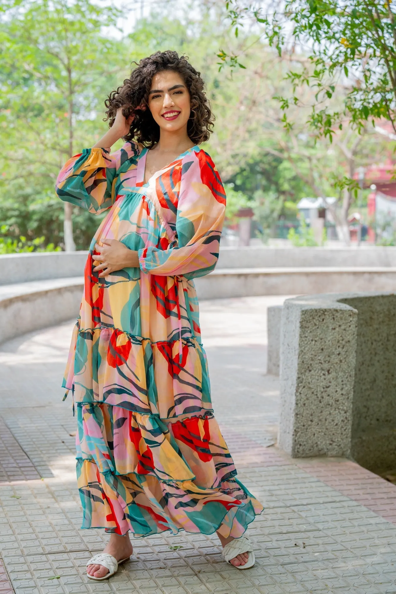 Cheery Retro Peach Leafy Maternity Layered Dress