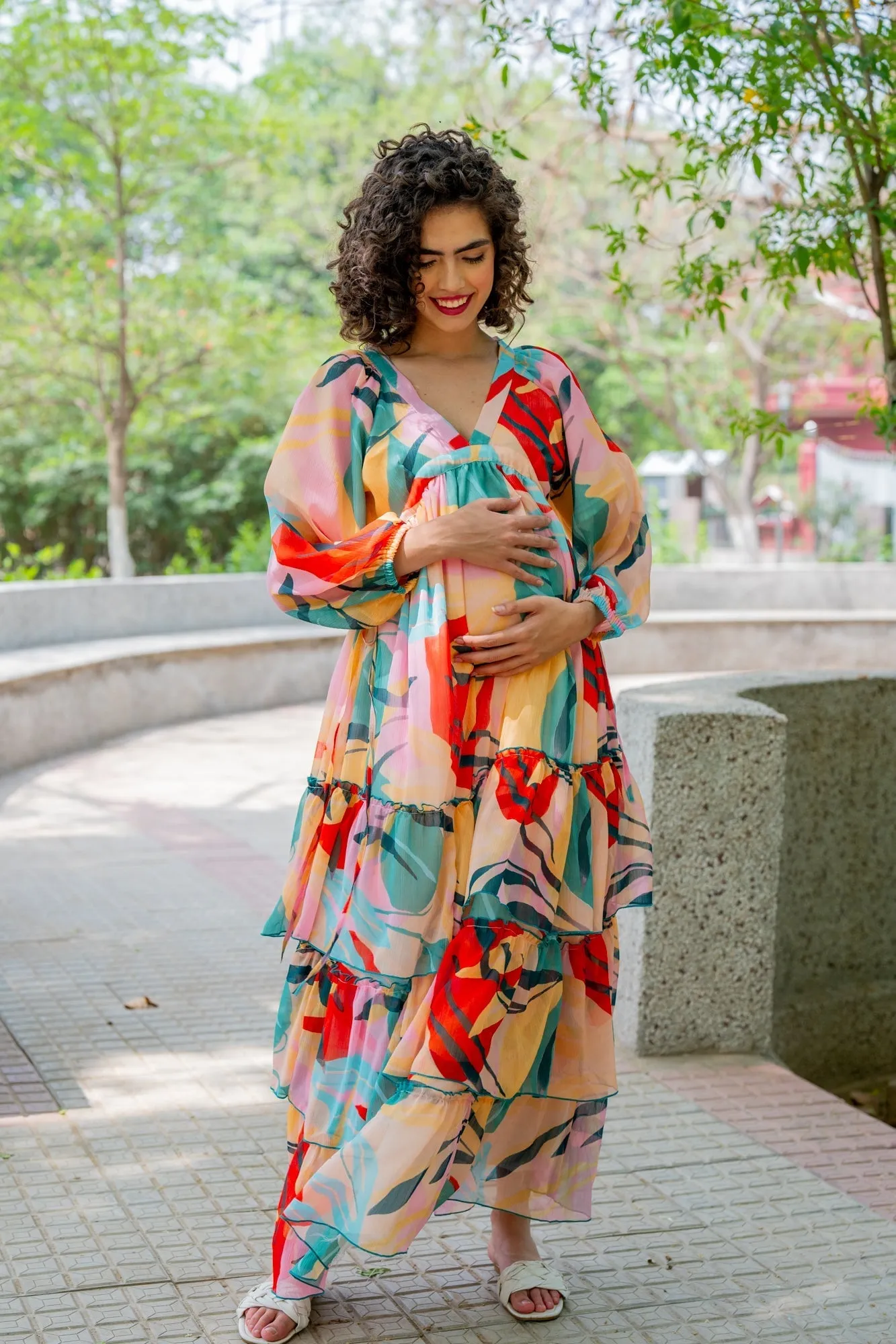 Cheery Retro Peach Leafy Maternity Layered Dress