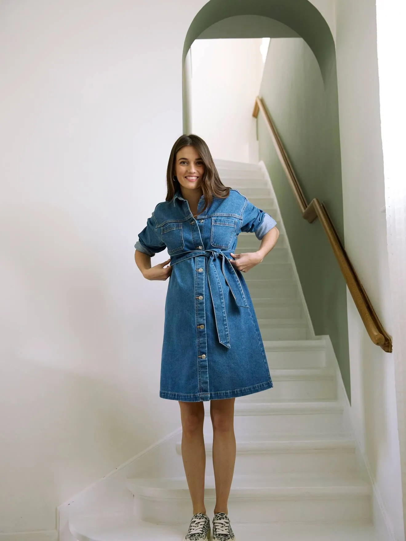 Denim Shirt-Like Dress, Maternity & Nursing Special - stone