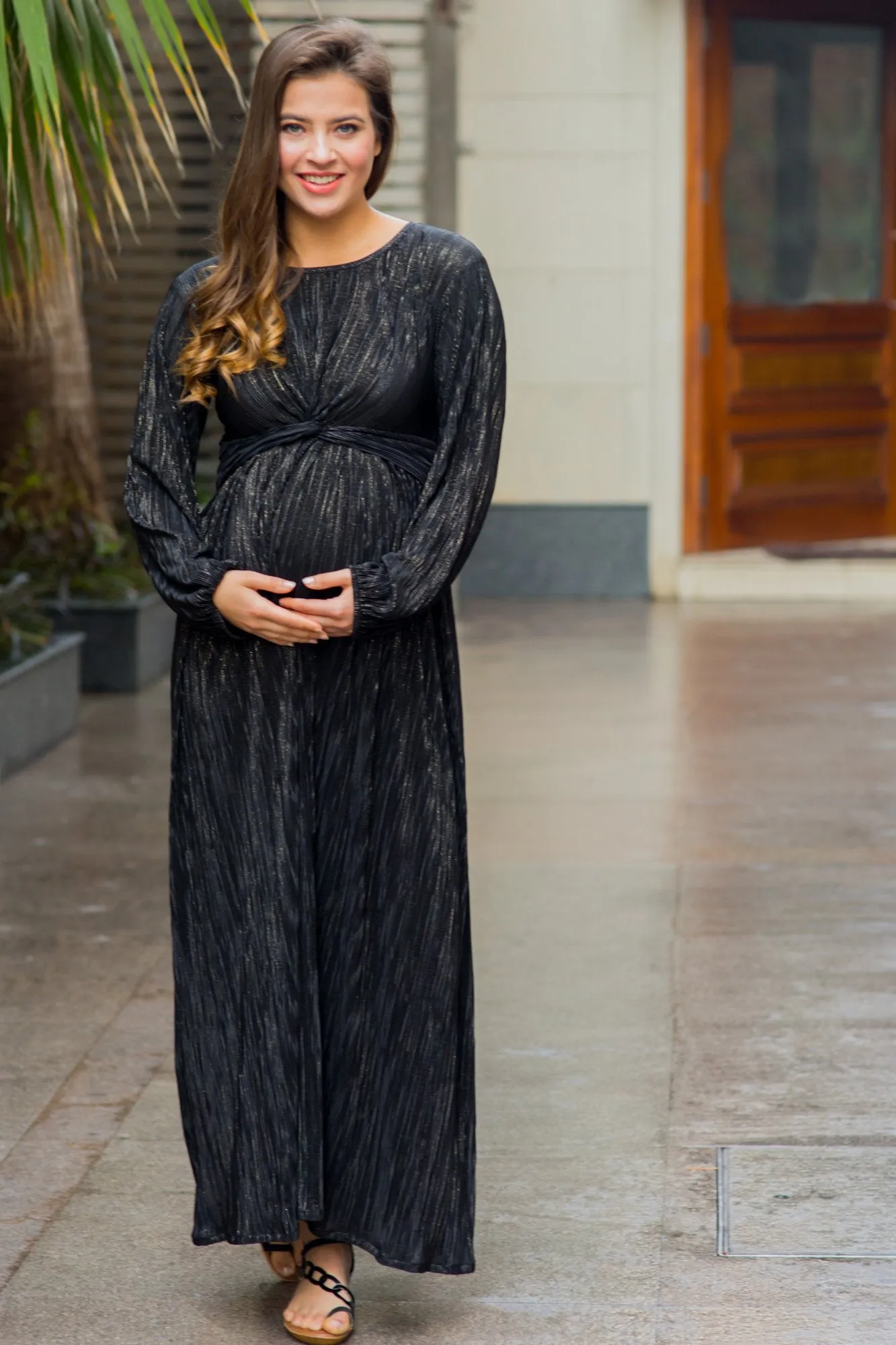 Exquisite Midnight Gold Maternity Knot Dress