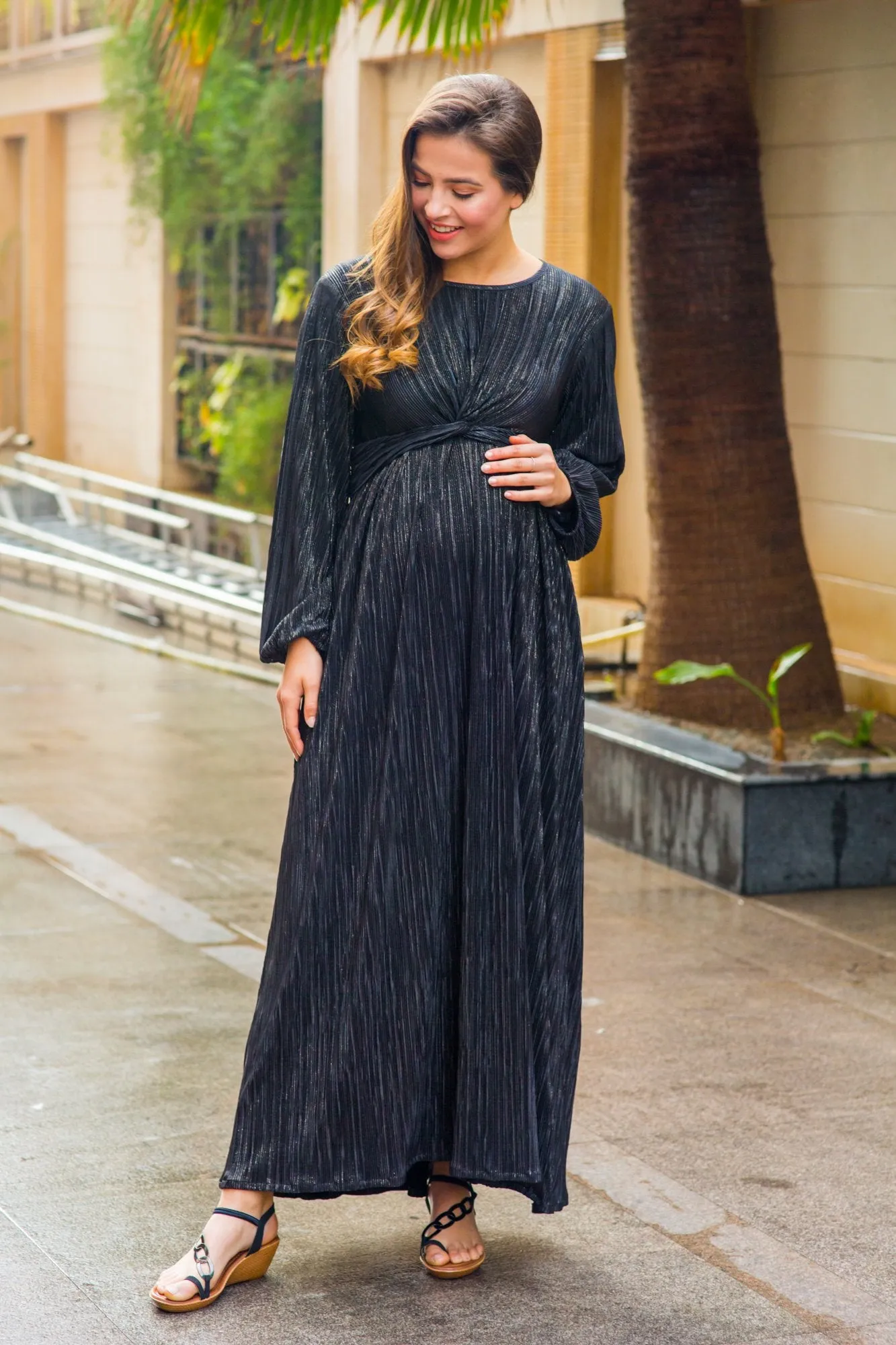 Exquisite Midnight Gold Maternity Knot Dress