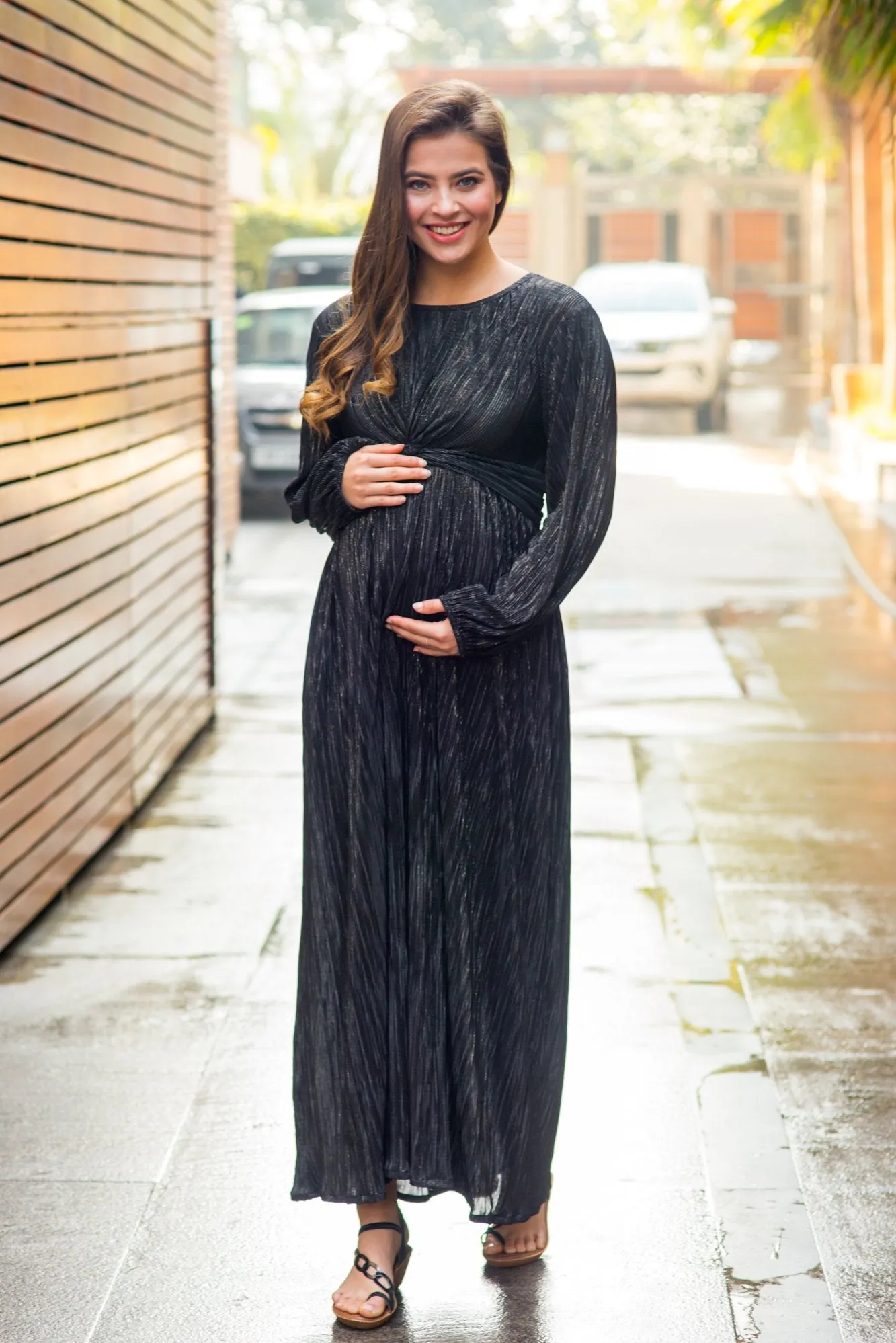 Exquisite Midnight Gold Maternity Knot Dress