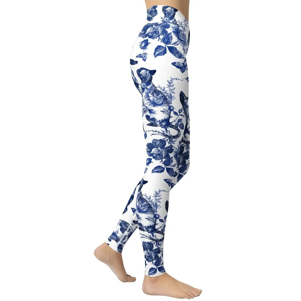 Floral Porcelain Cats Yoga Leggings