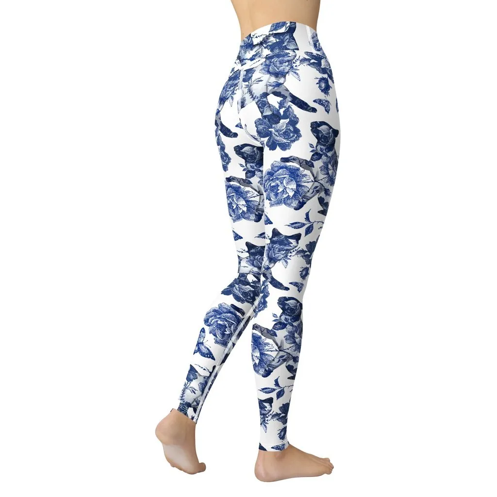 Floral Porcelain Cats Yoga Leggings