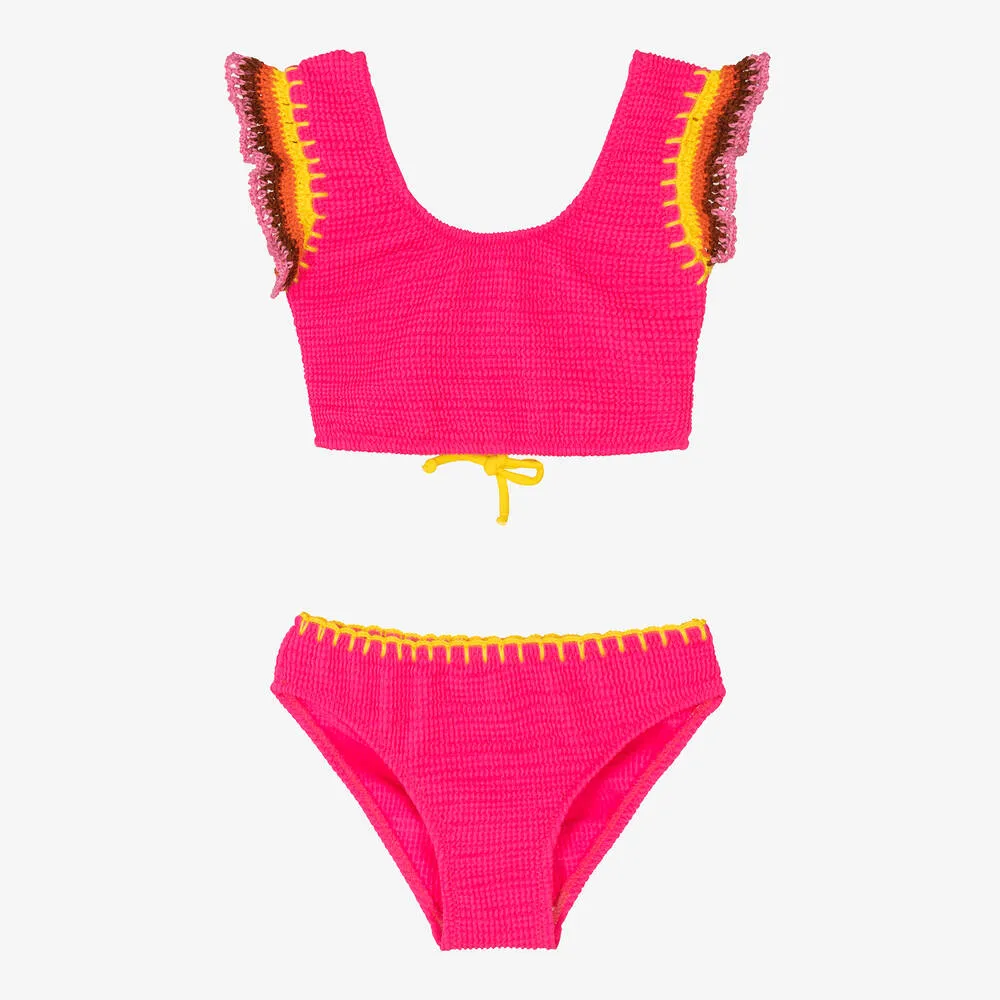 Girls Pink Crochet Trim Bikini (UV50)