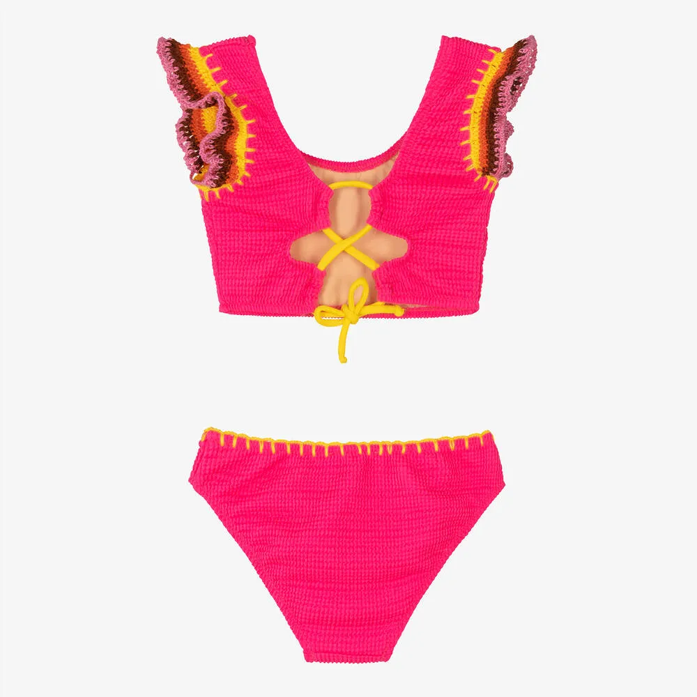 Girls Pink Crochet Trim Bikini (UV50)