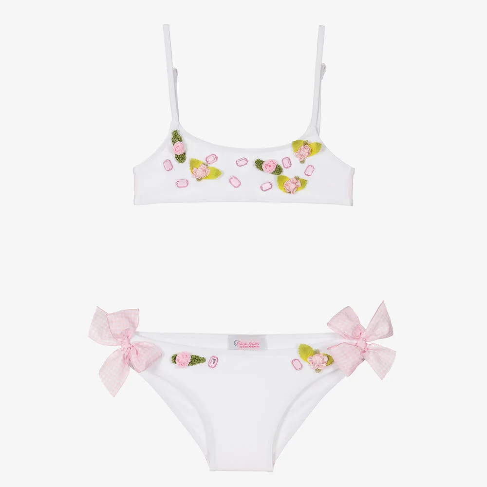 Girls White Flowers & Gems Bikini