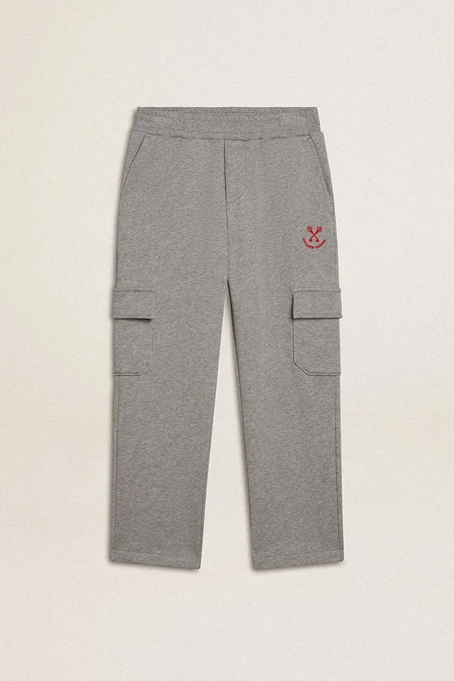 Gray melange cotton cargo joggers with embroidery