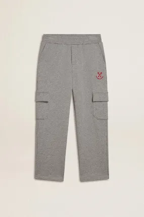 Gray melange cotton cargo joggers with embroidery