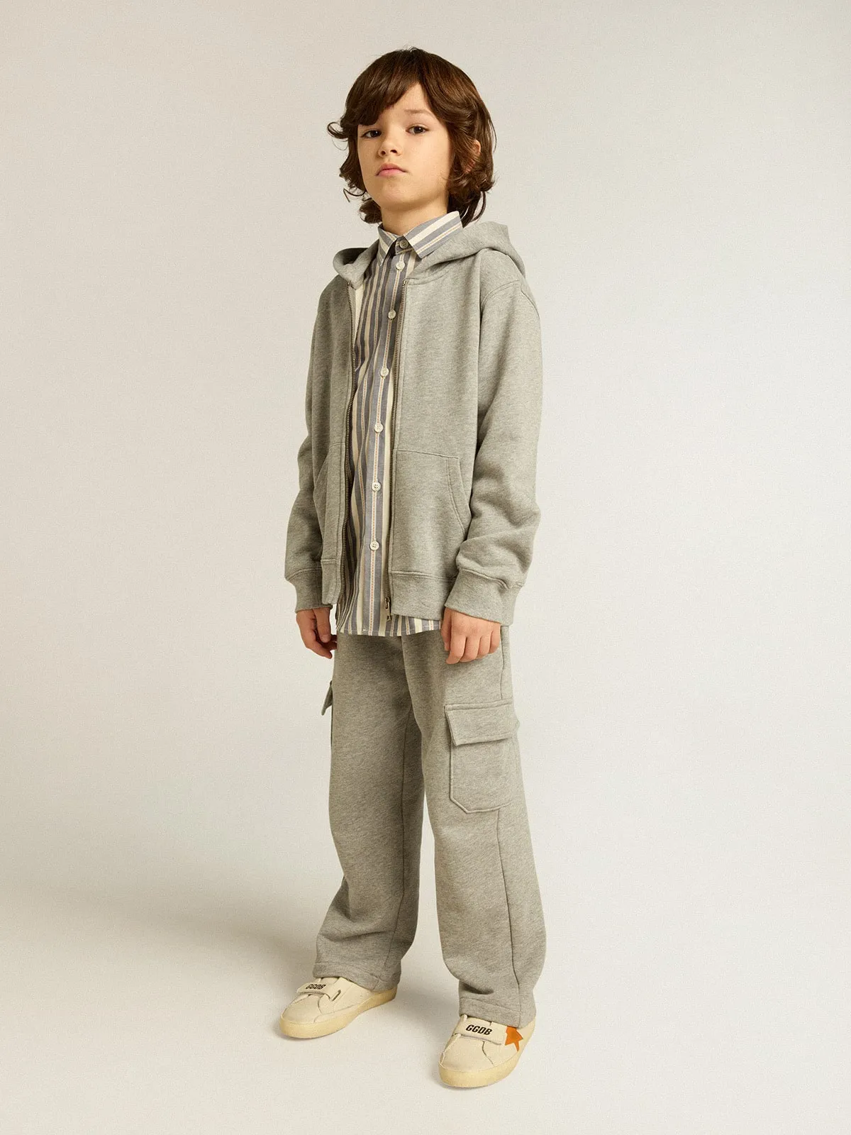 Gray melange cotton cargo joggers with embroidery