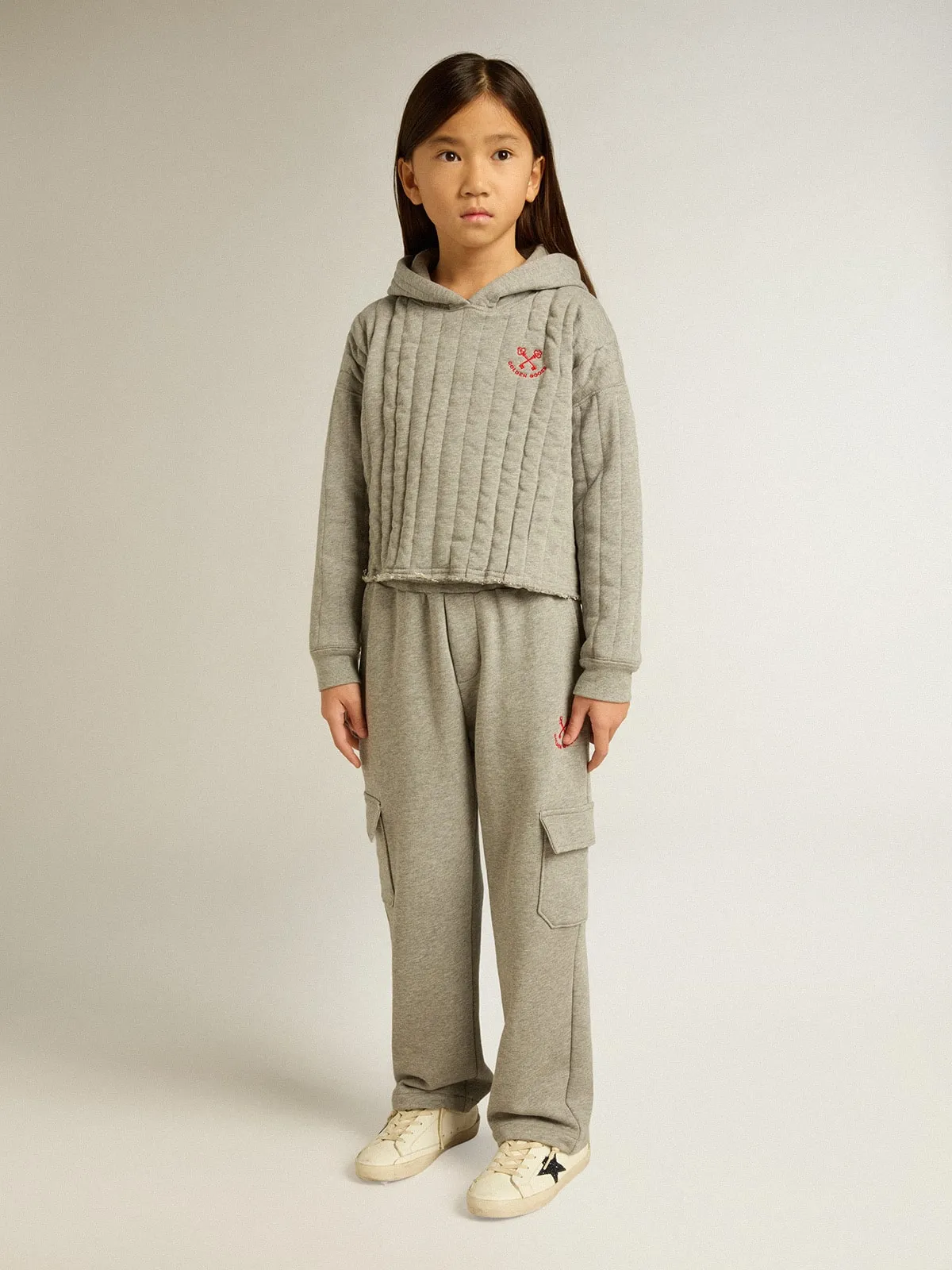 Gray melange cotton cargo joggers with embroidery