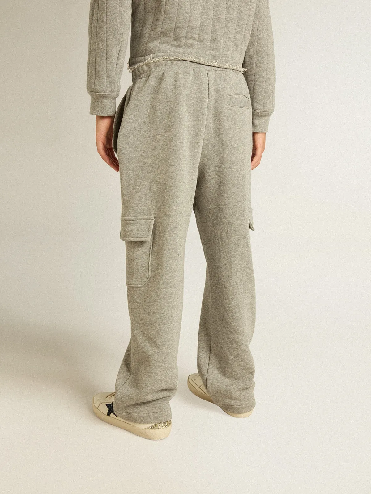 Gray melange cotton cargo joggers with embroidery