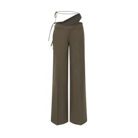 GREEN WOOL BLEND DECONSTRUCTED STRAIGHT-LEG TROUSERS