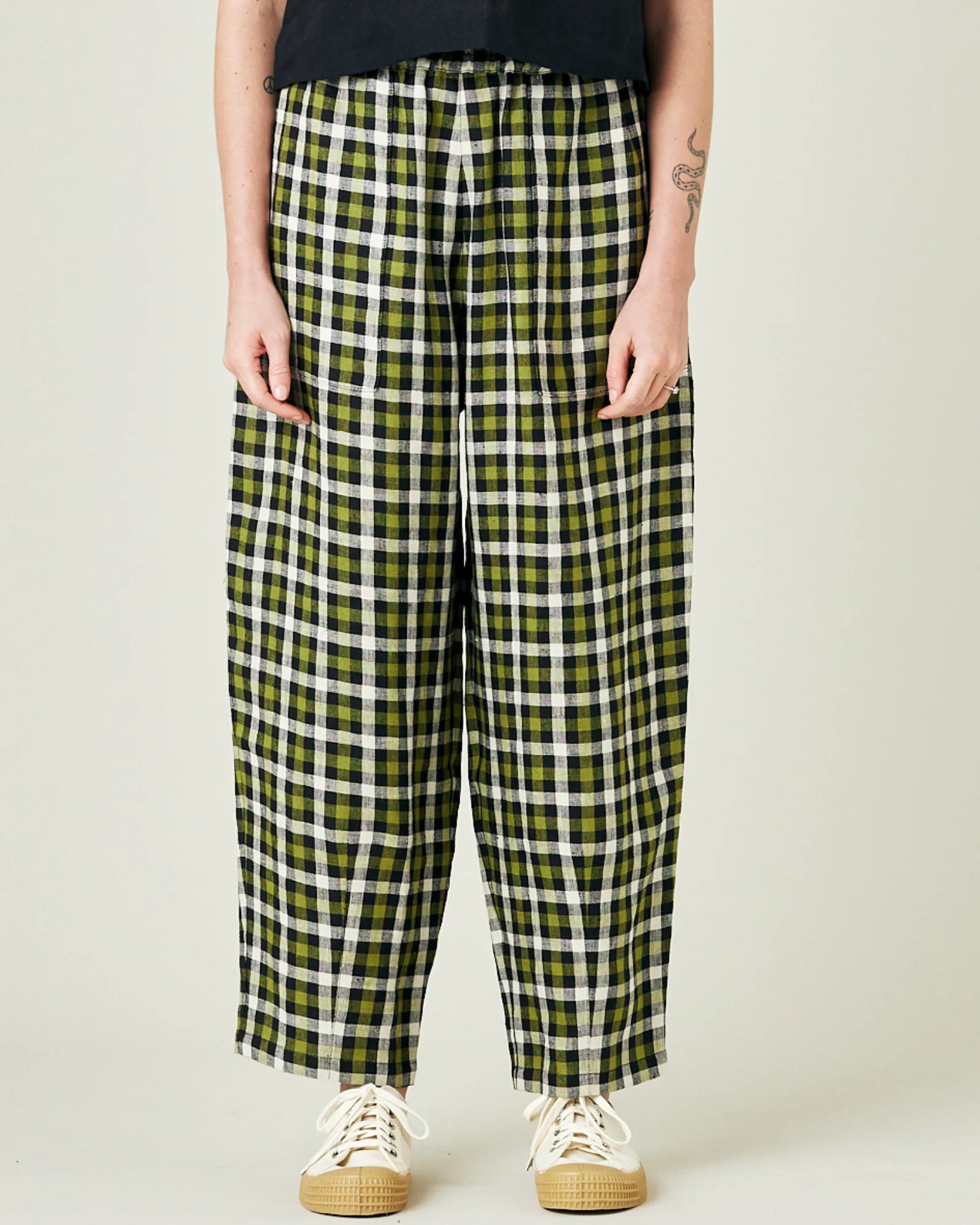 Huxley Olive, Black & Ecru Check Linen Trousers