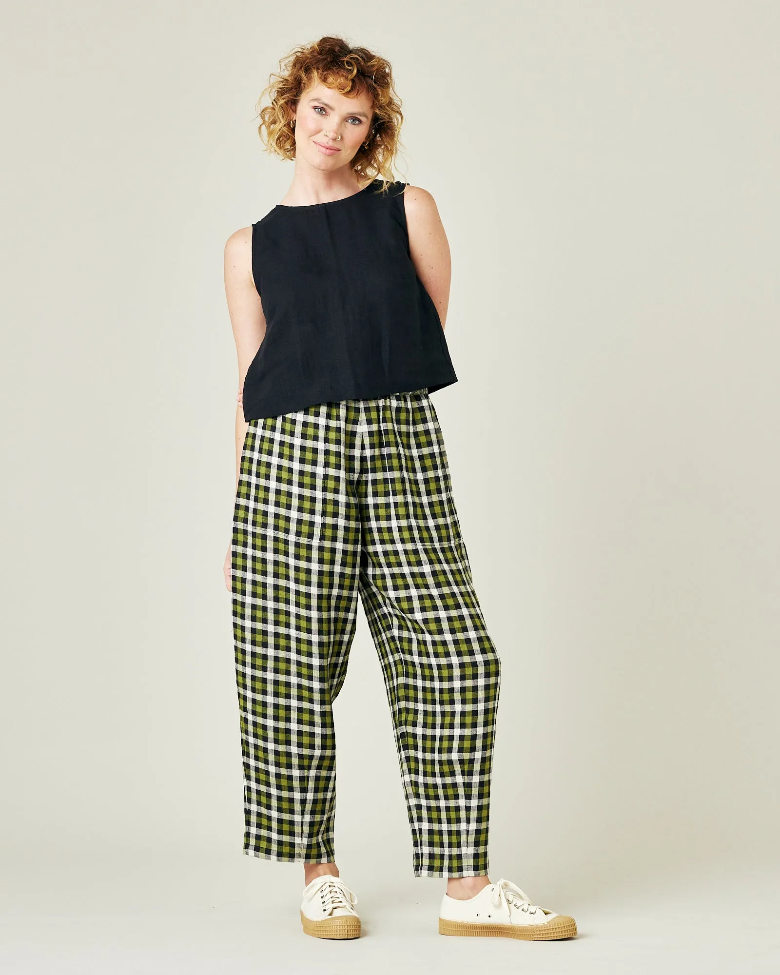 Huxley Olive, Black & Ecru Check Linen Trousers