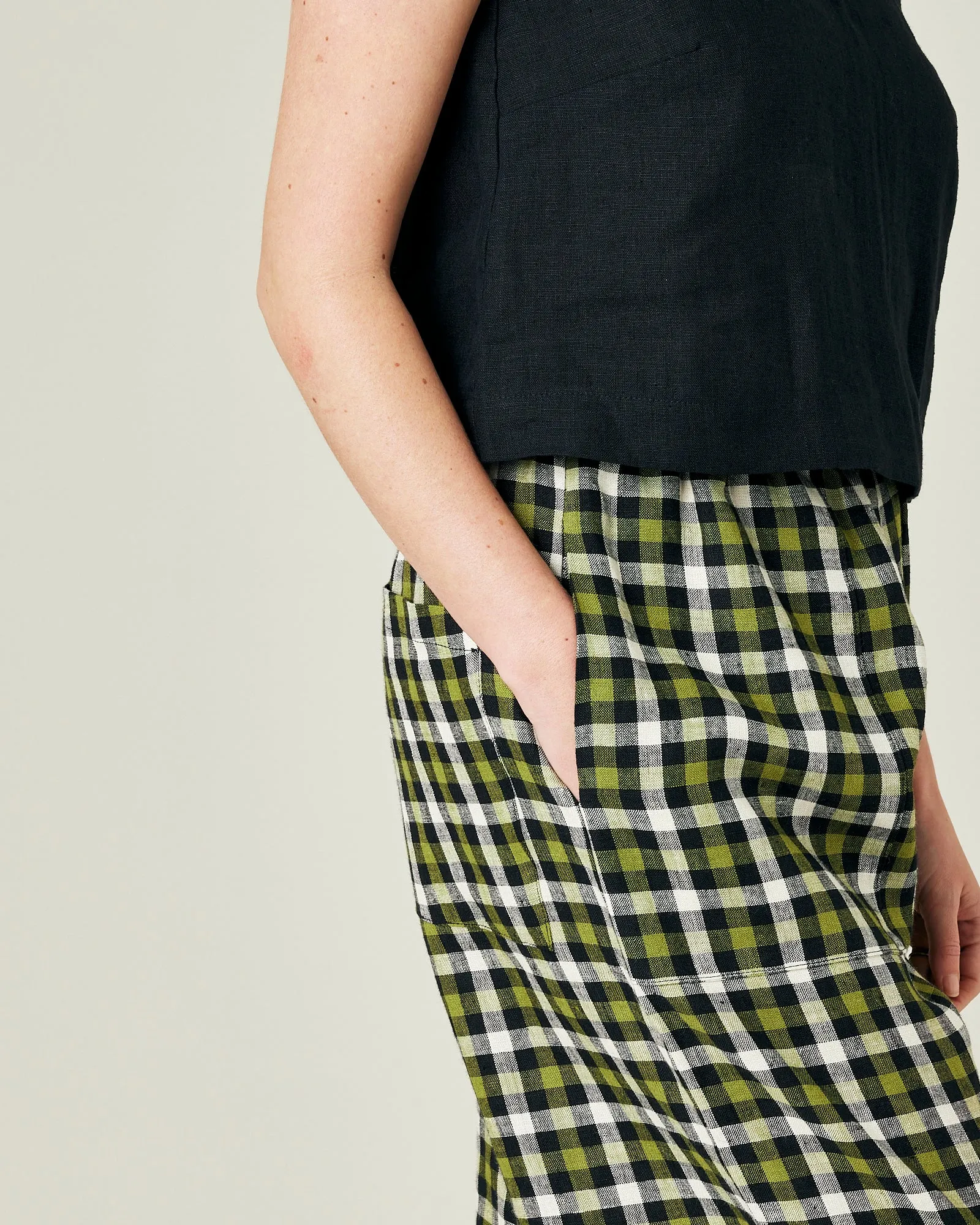 Huxley Olive, Black & Ecru Check Linen Trousers