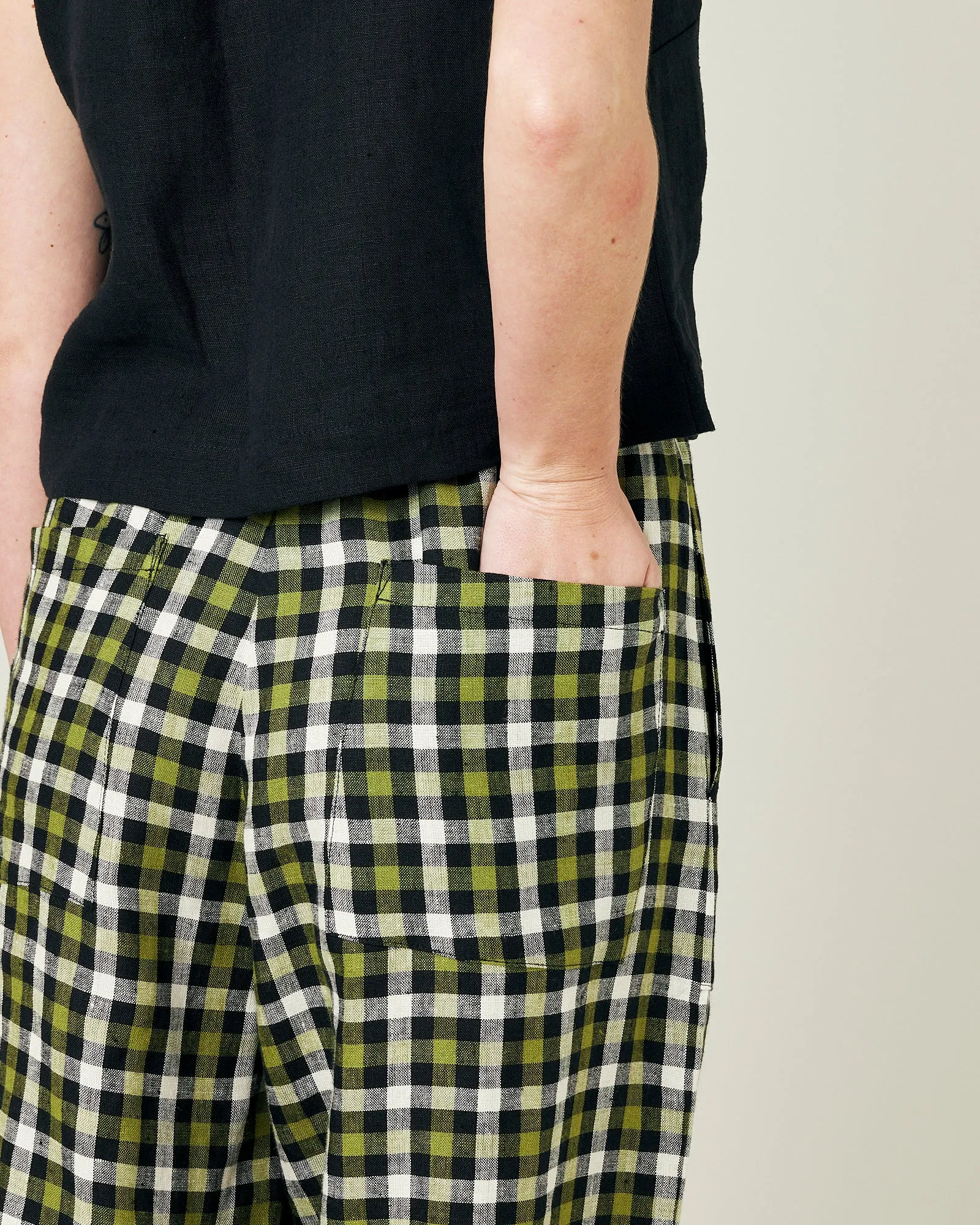 Huxley Olive, Black & Ecru Check Linen Trousers