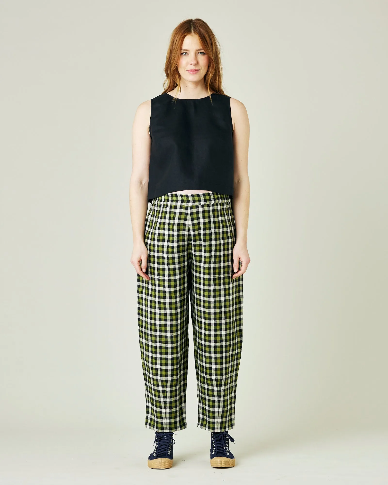 Huxley Olive, Black & Ecru Check Linen Trousers