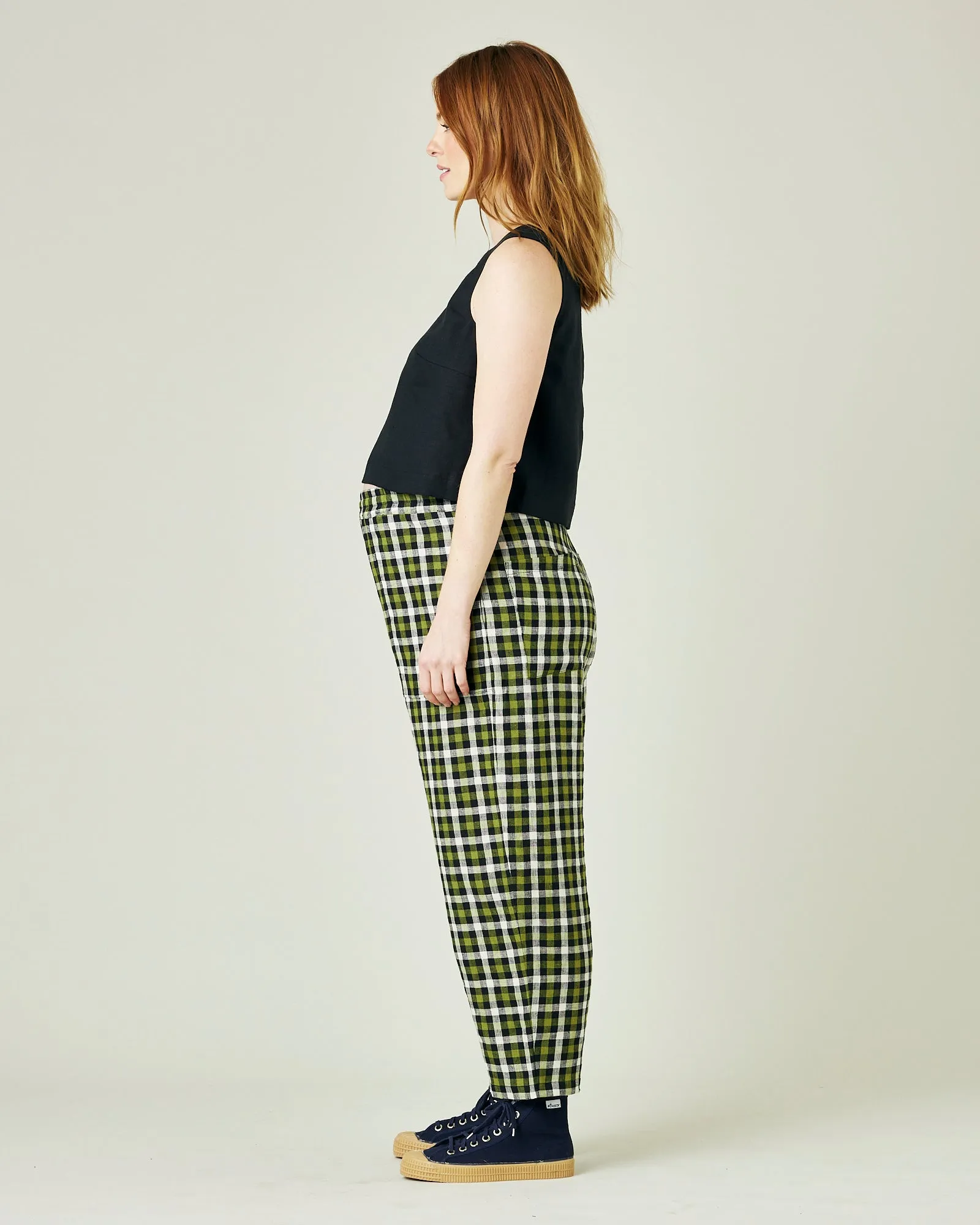 Huxley Olive, Black & Ecru Check Linen Trousers