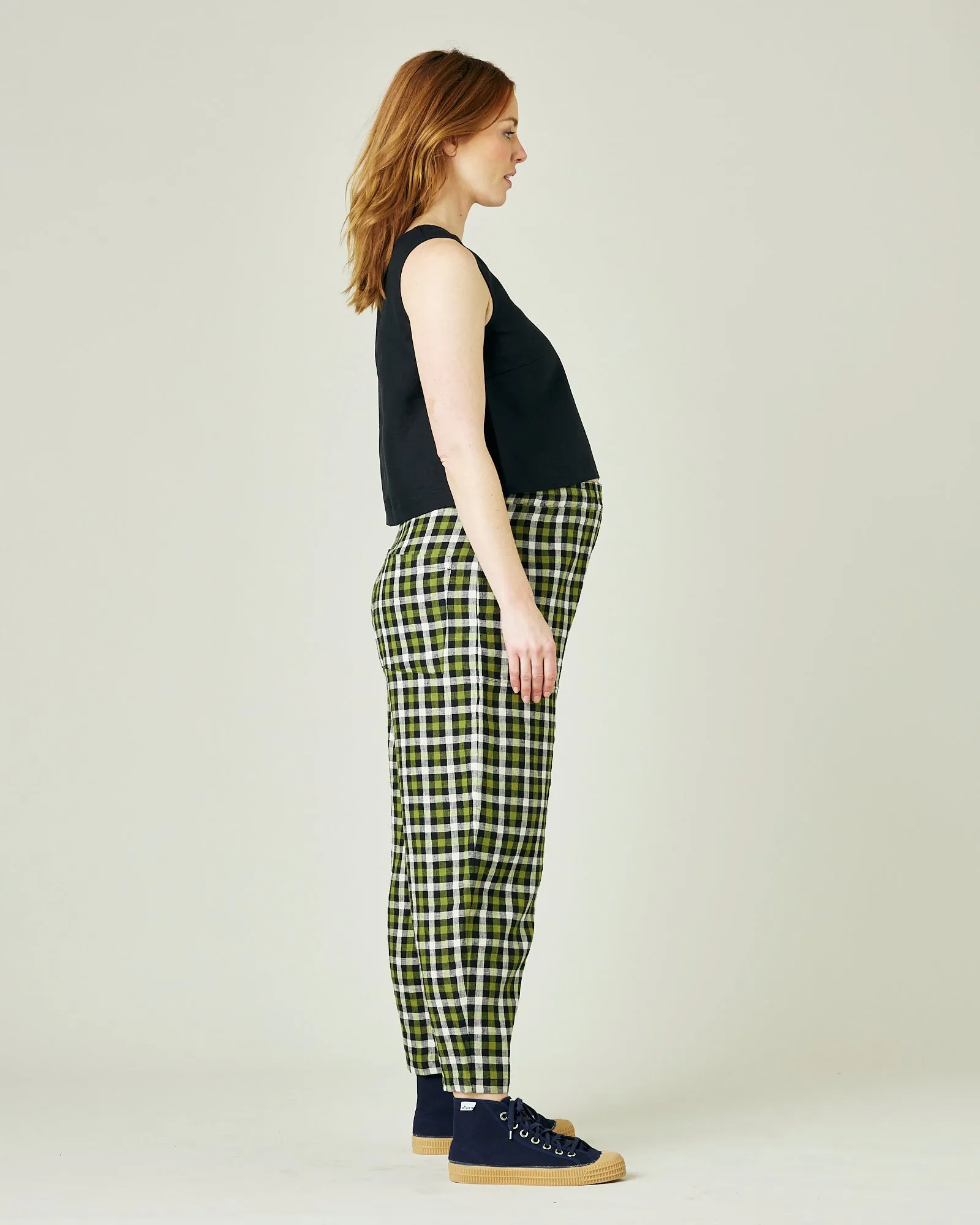 Huxley Olive, Black & Ecru Check Linen Trousers