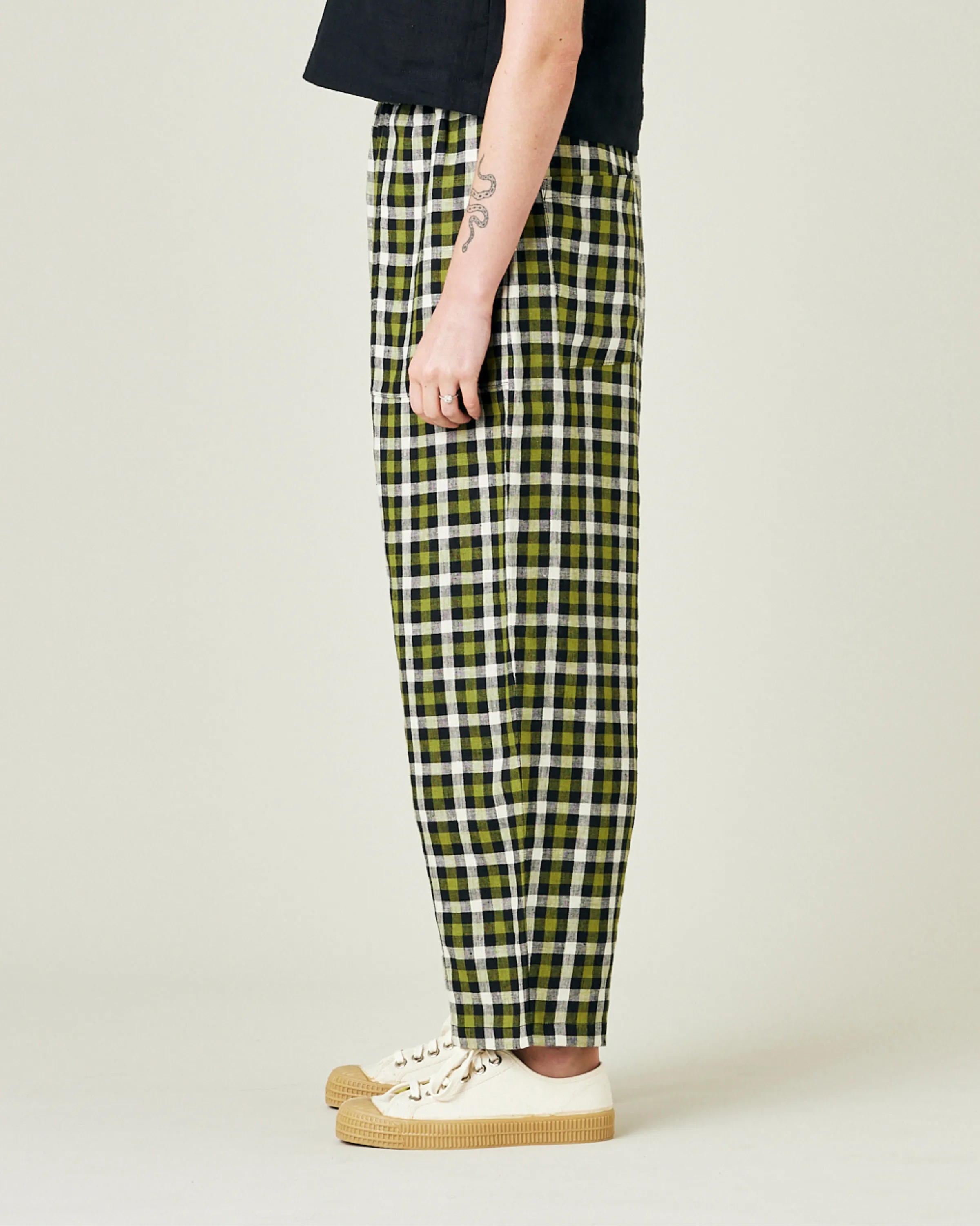 Huxley Olive, Black & Ecru Check Linen Trousers