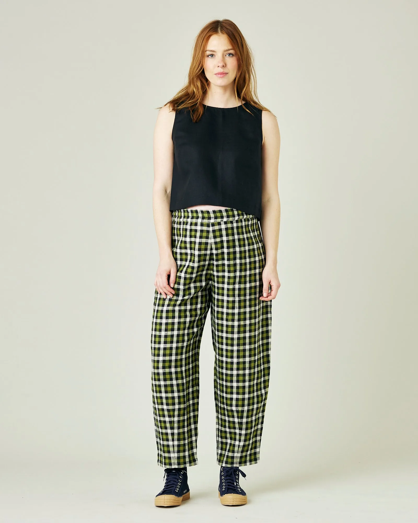 Huxley Olive, Black & Ecru Check Linen Trousers