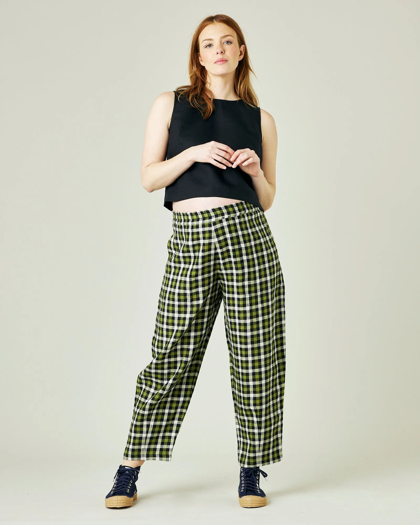 Huxley Olive, Black & Ecru Check Linen Trousers