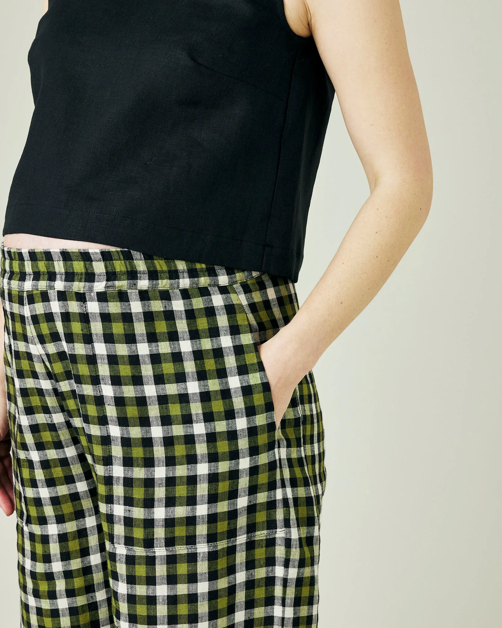 Huxley Olive, Black & Ecru Check Linen Trousers