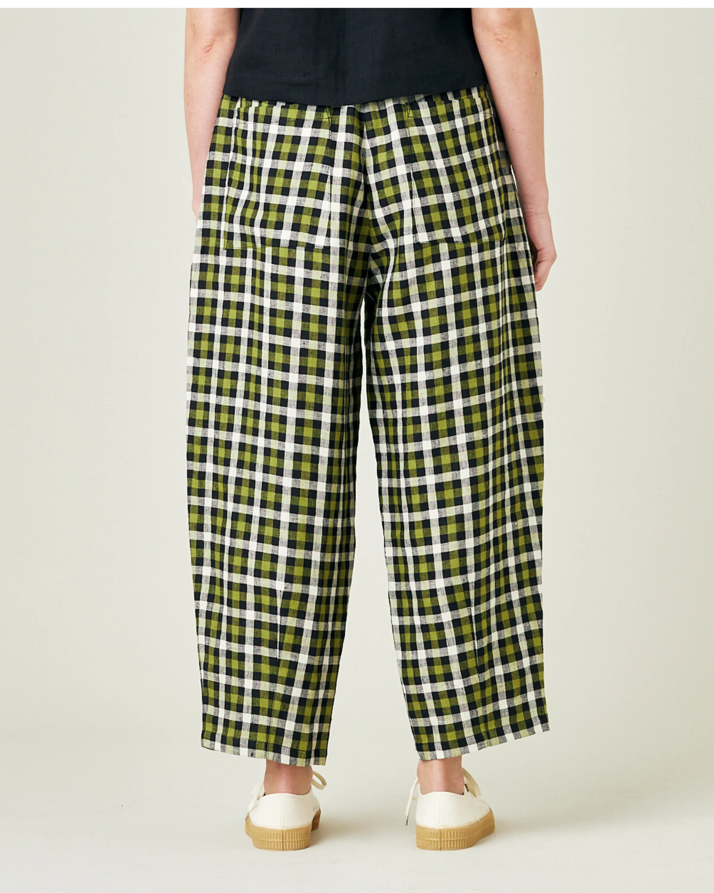 Huxley Olive, Black & Ecru Check Linen Trousers