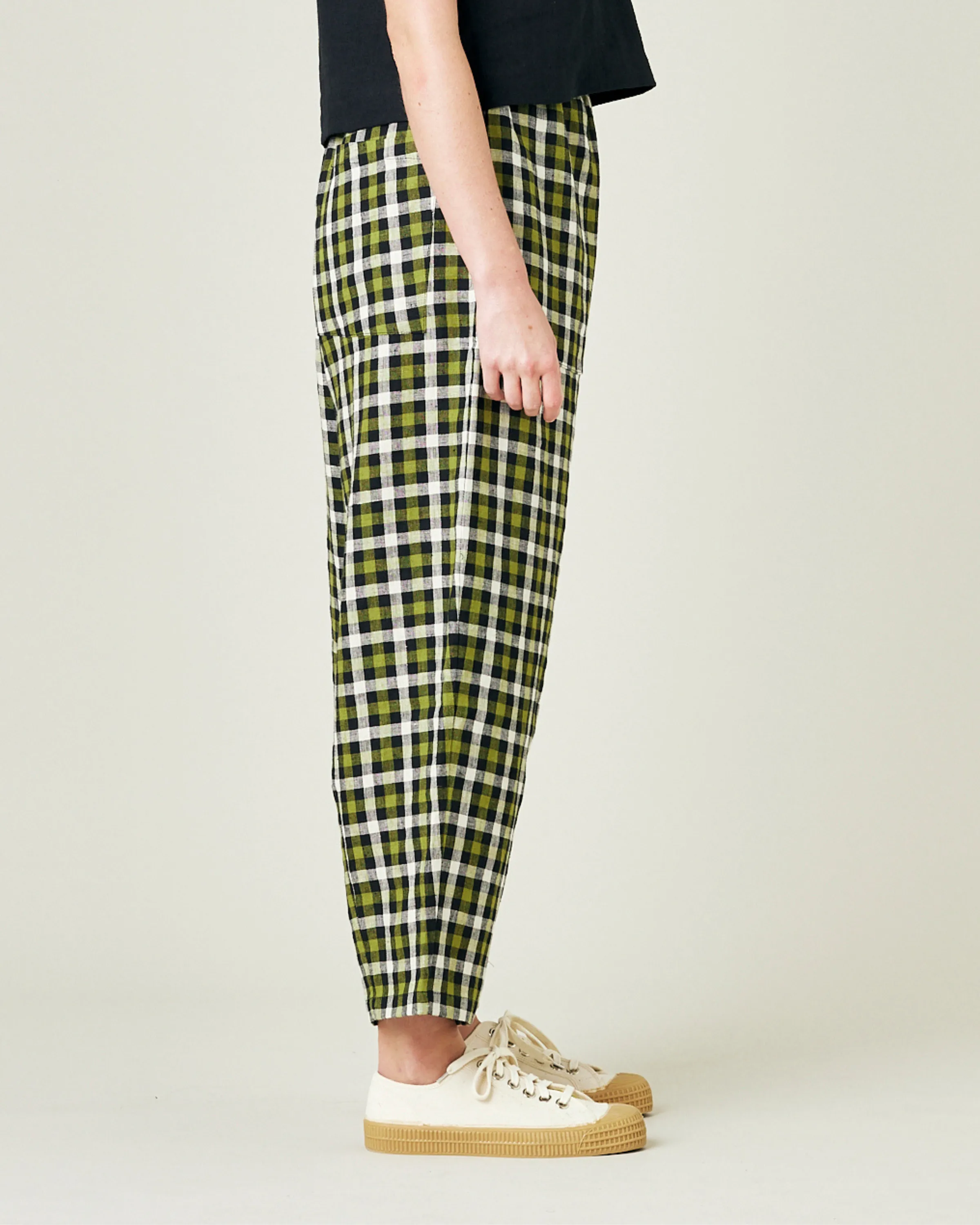 Huxley Olive, Black & Ecru Check Linen Trousers