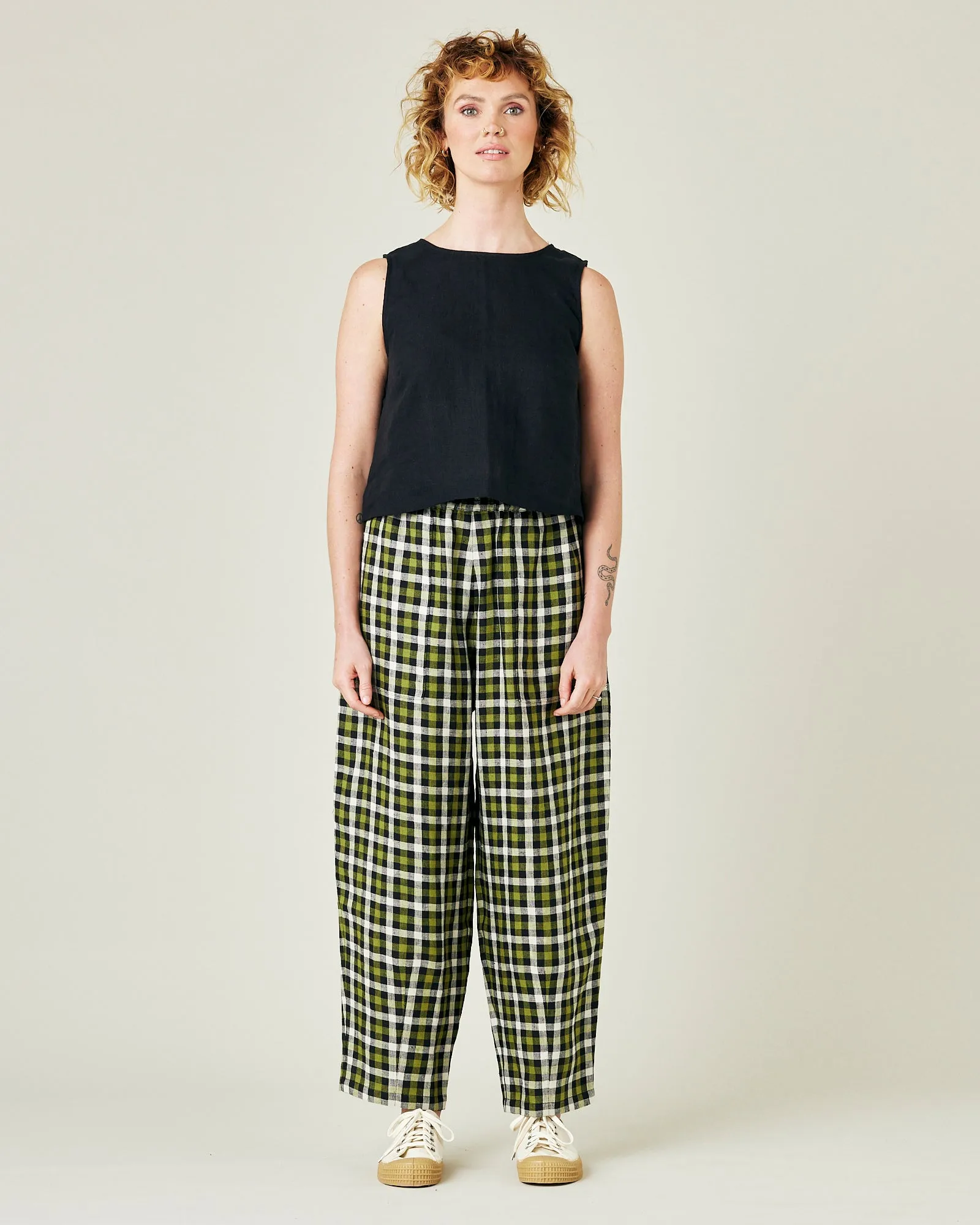 Huxley Olive, Black & Ecru Check Linen Trousers