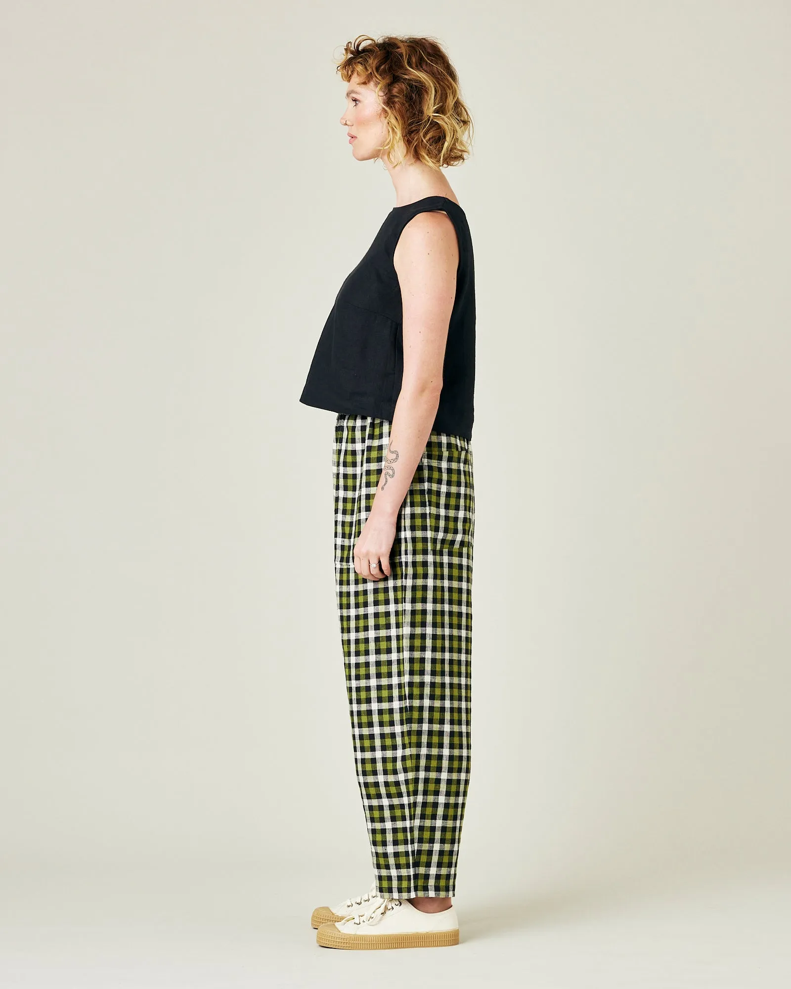 Huxley Olive, Black & Ecru Check Linen Trousers