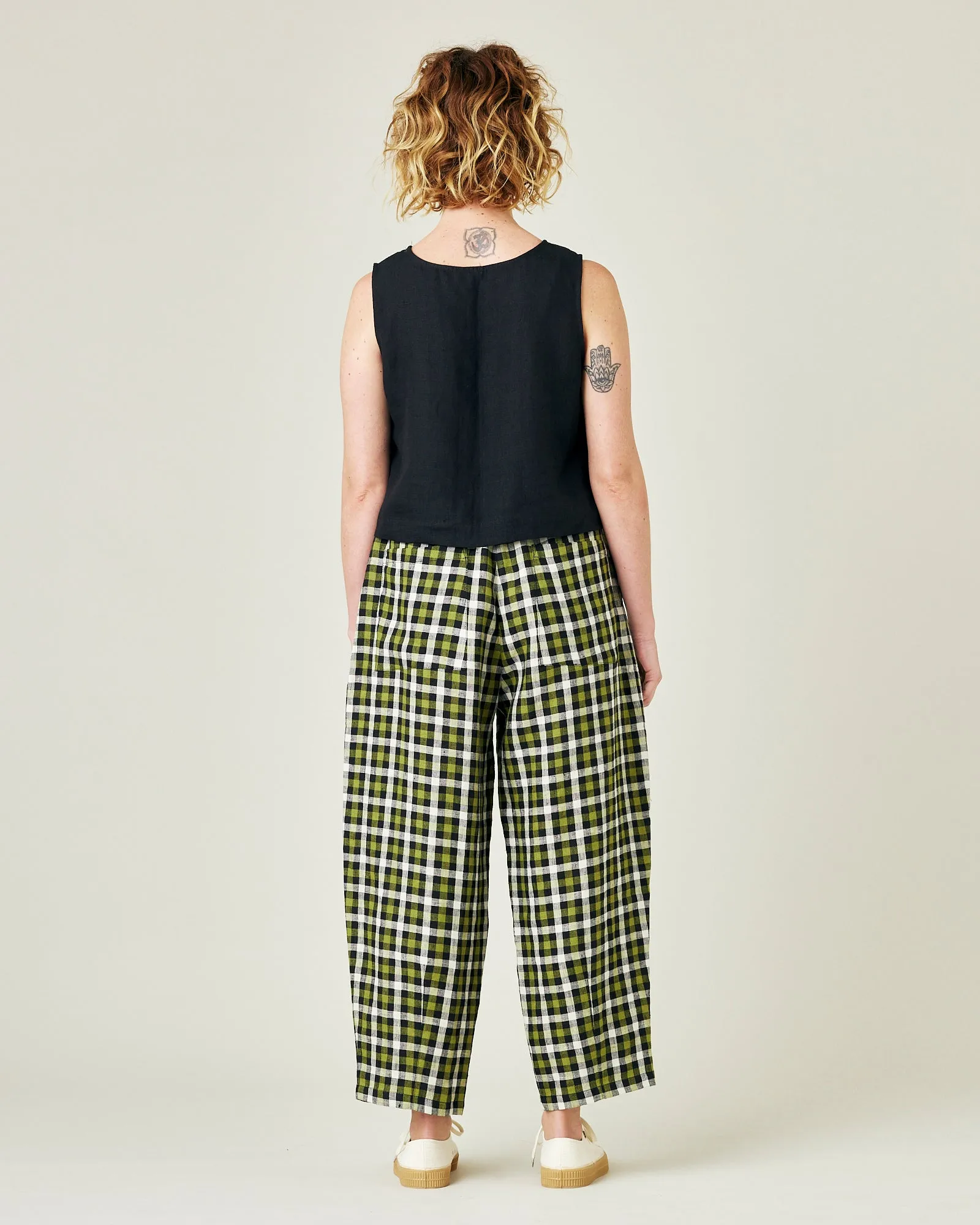 Huxley Olive, Black & Ecru Check Linen Trousers