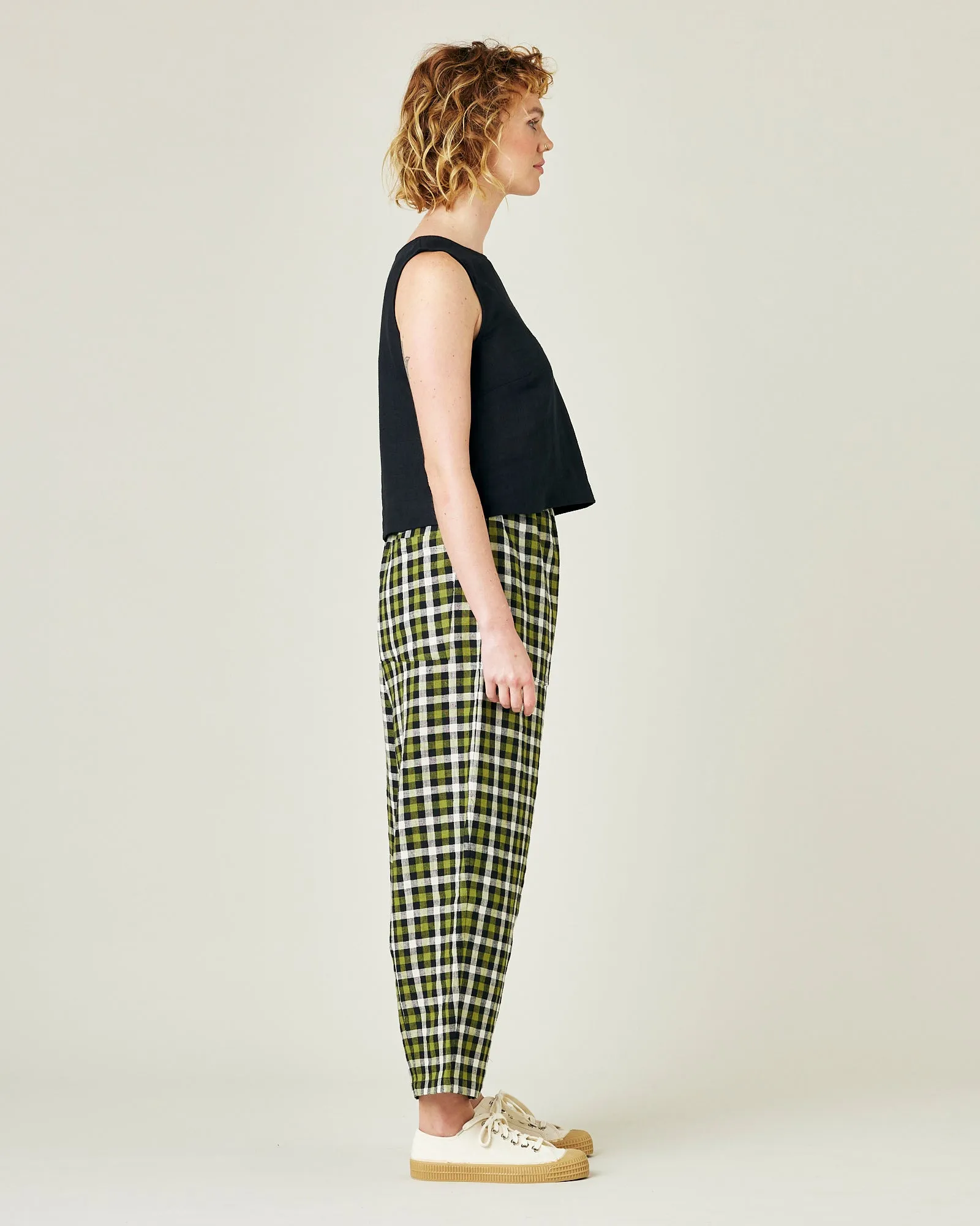 Huxley Olive, Black & Ecru Check Linen Trousers