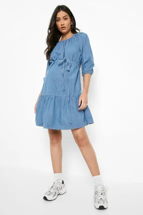 Maternity Chambray Belted Tiered Smock Dress