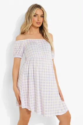 Maternity Gingham Off The Shoulder Smock Dress