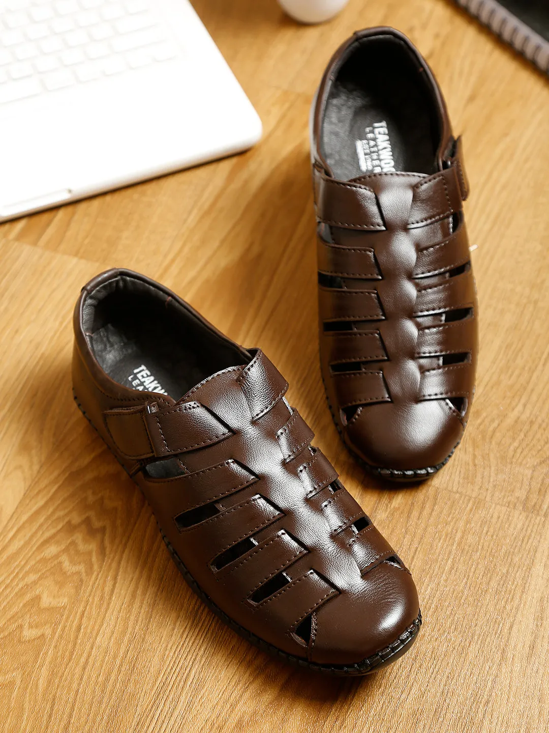 Men Brown Solid Leather Shoe- Style Sandals - Clearance sale