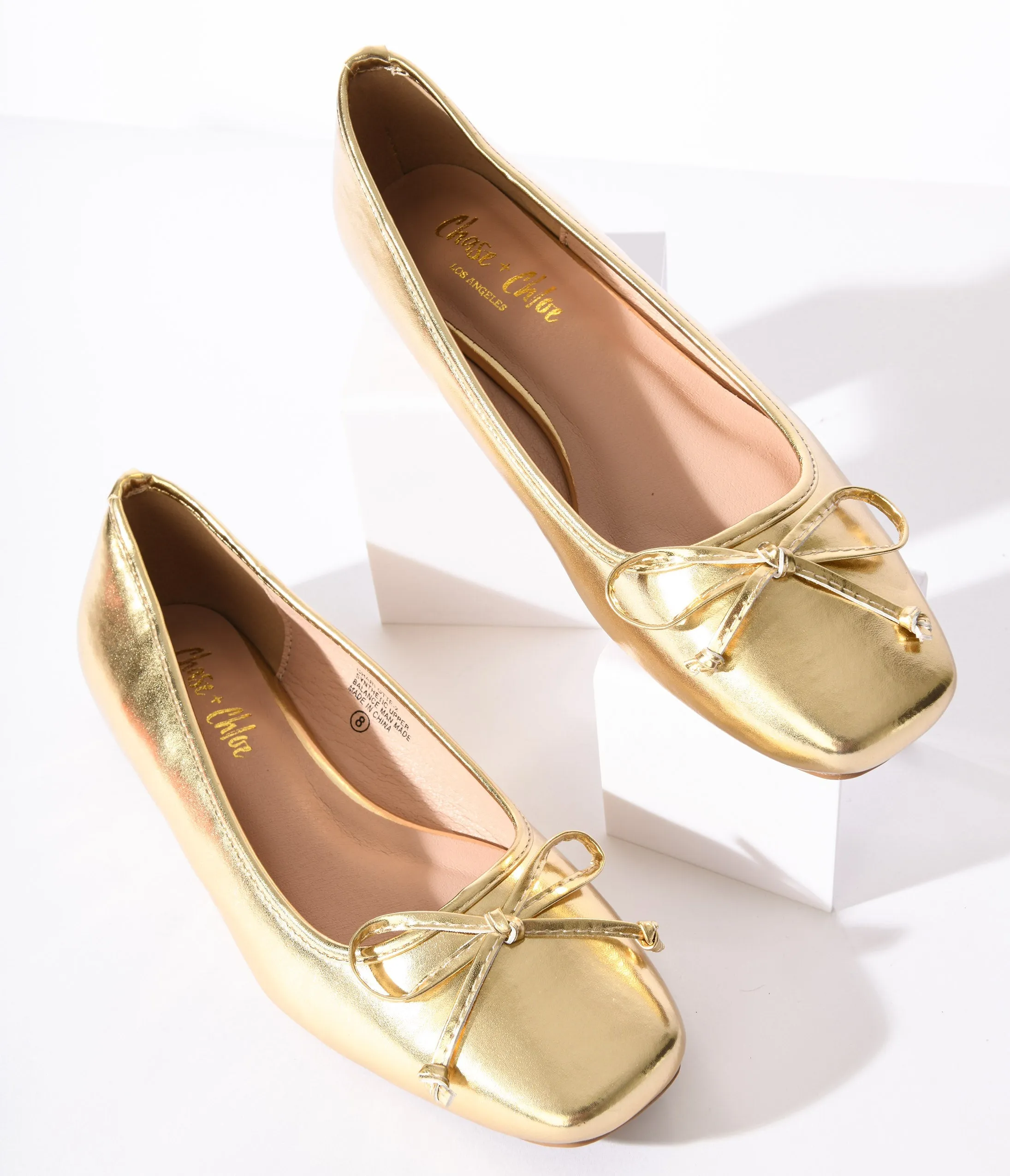 Metallic Gold Leatherette Bow Flats