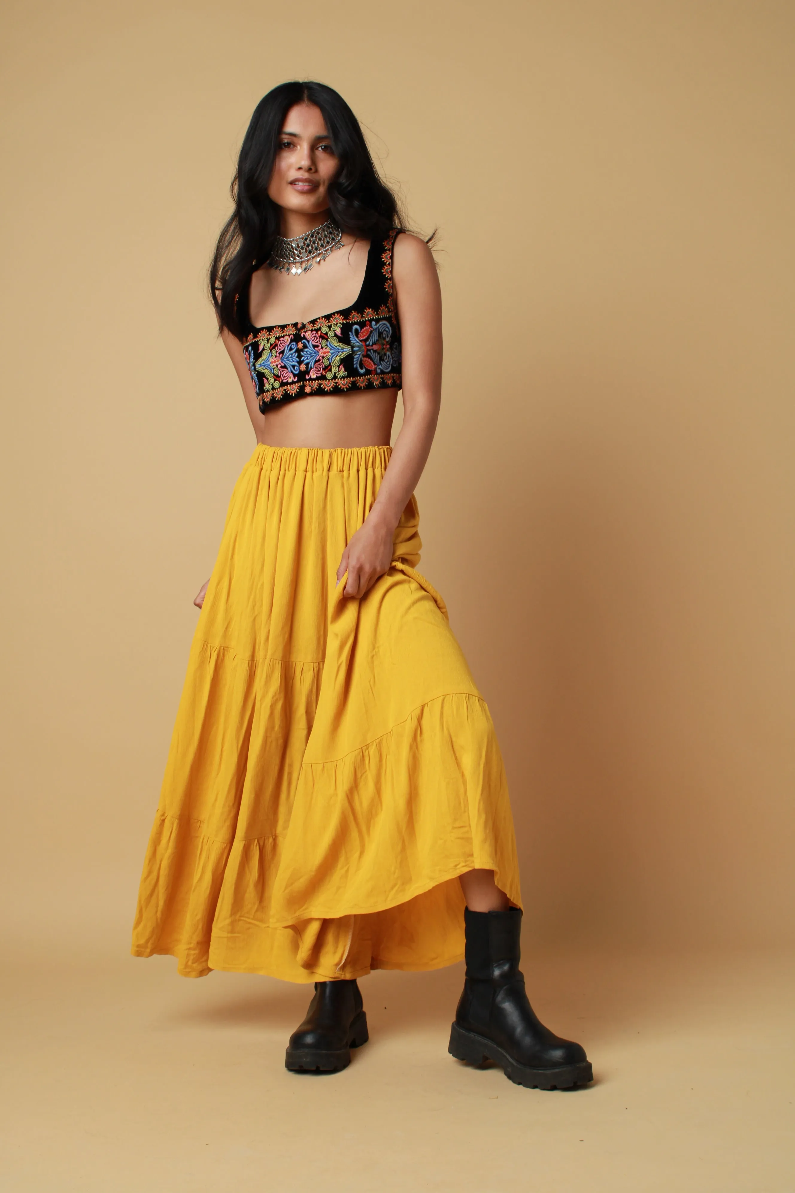 Mustard tiered Maxi Skirt